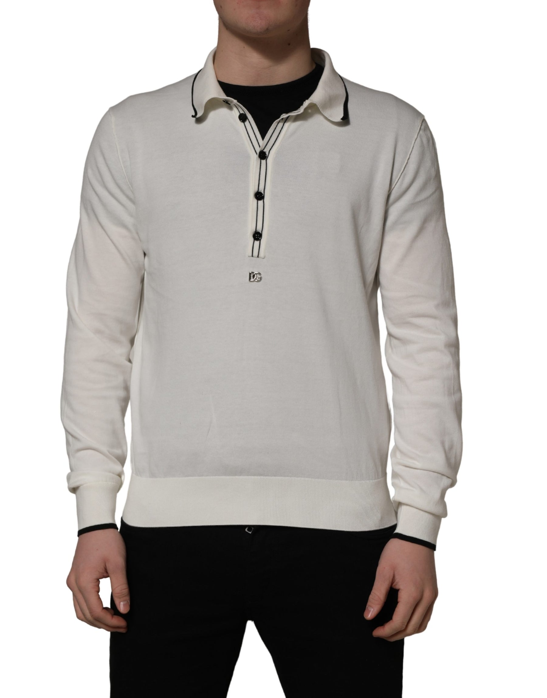 Dolce & Gabbana White Cotton Blend Men Polo Pullover Sweater | Regal Royce