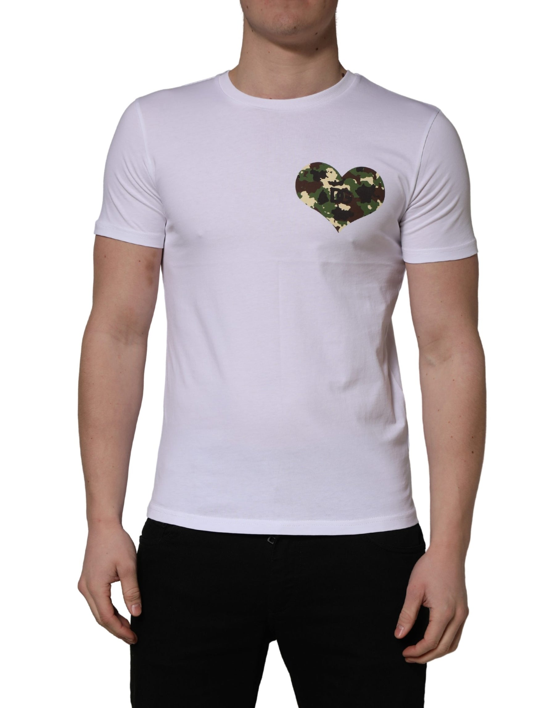 Dolce & Gabbana White Heart Shaped Camouflage Patch Men T-shirt | Regal Royce