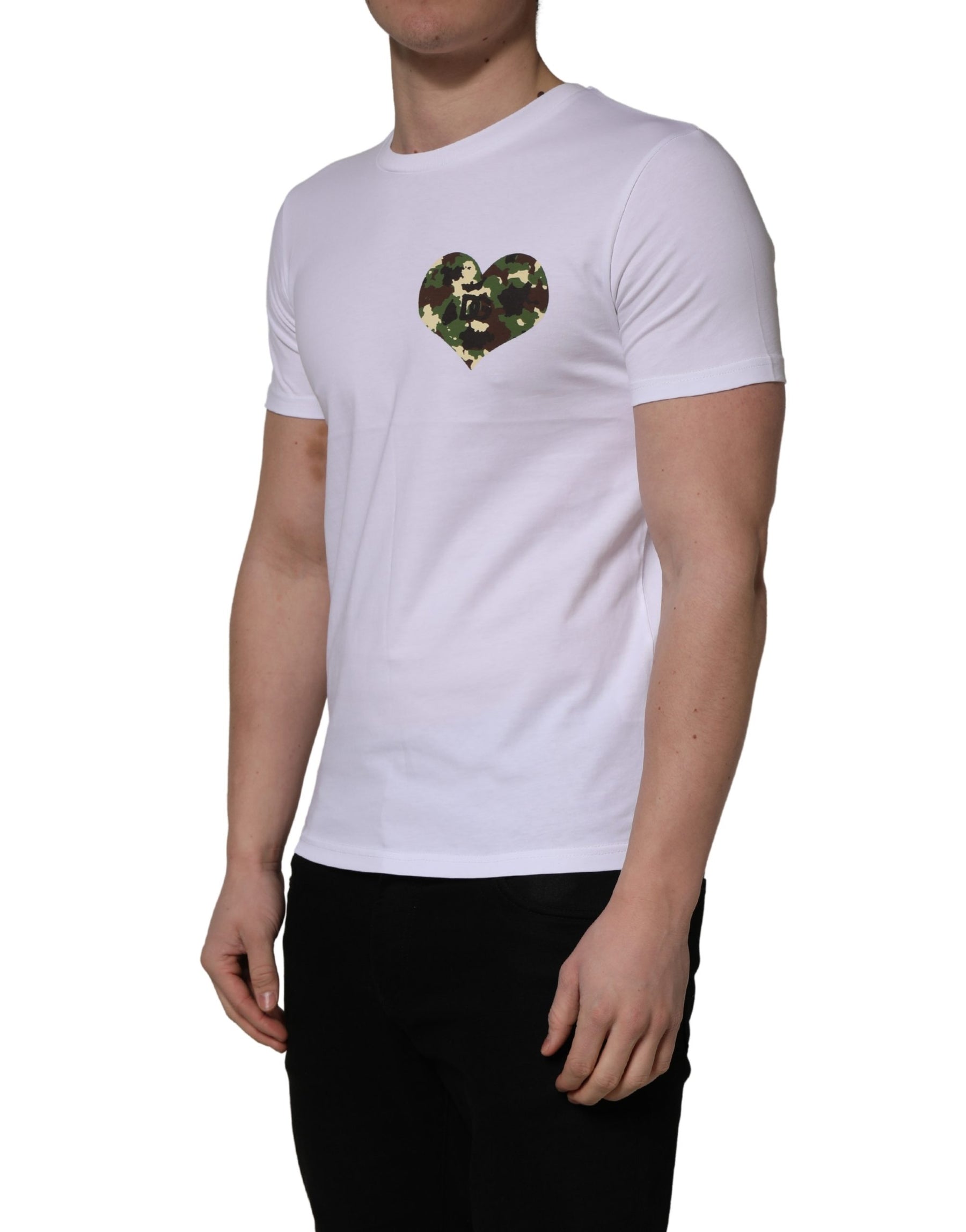 Dolce & Gabbana White Heart Shaped Camouflage Patch Men T-shirt | Regal Royce