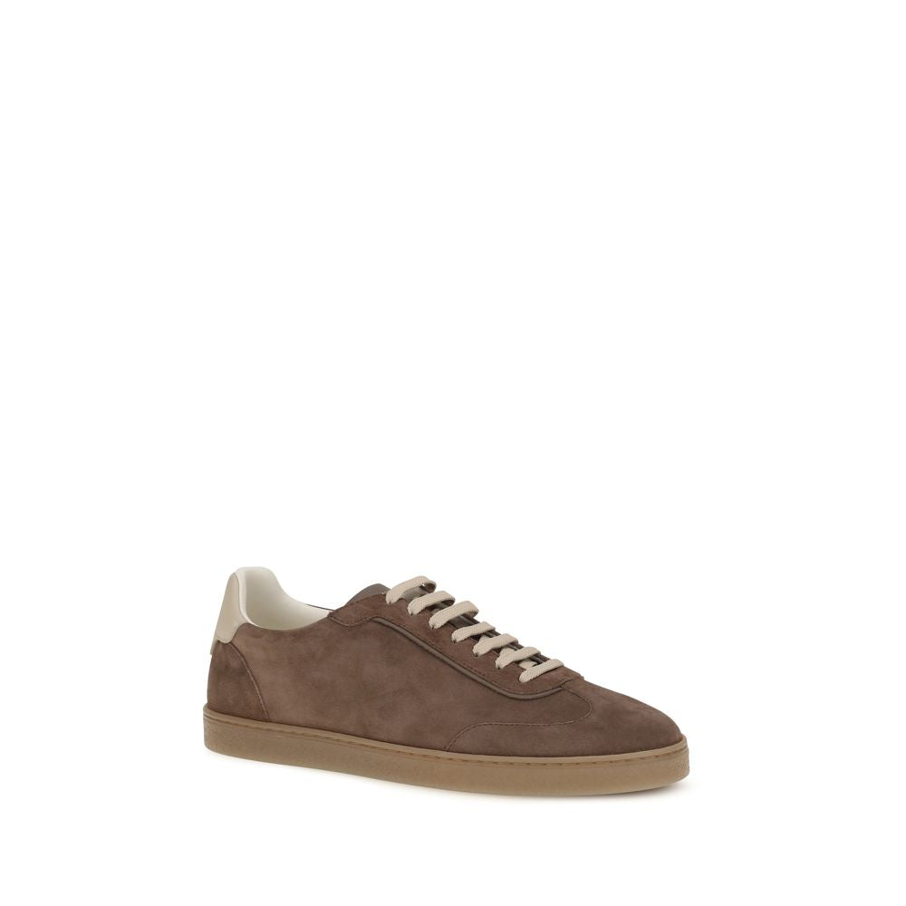 Brunello Cucinelli Beige Calf Leather Bos Taurus Low Top Sneakers | Regal Royce