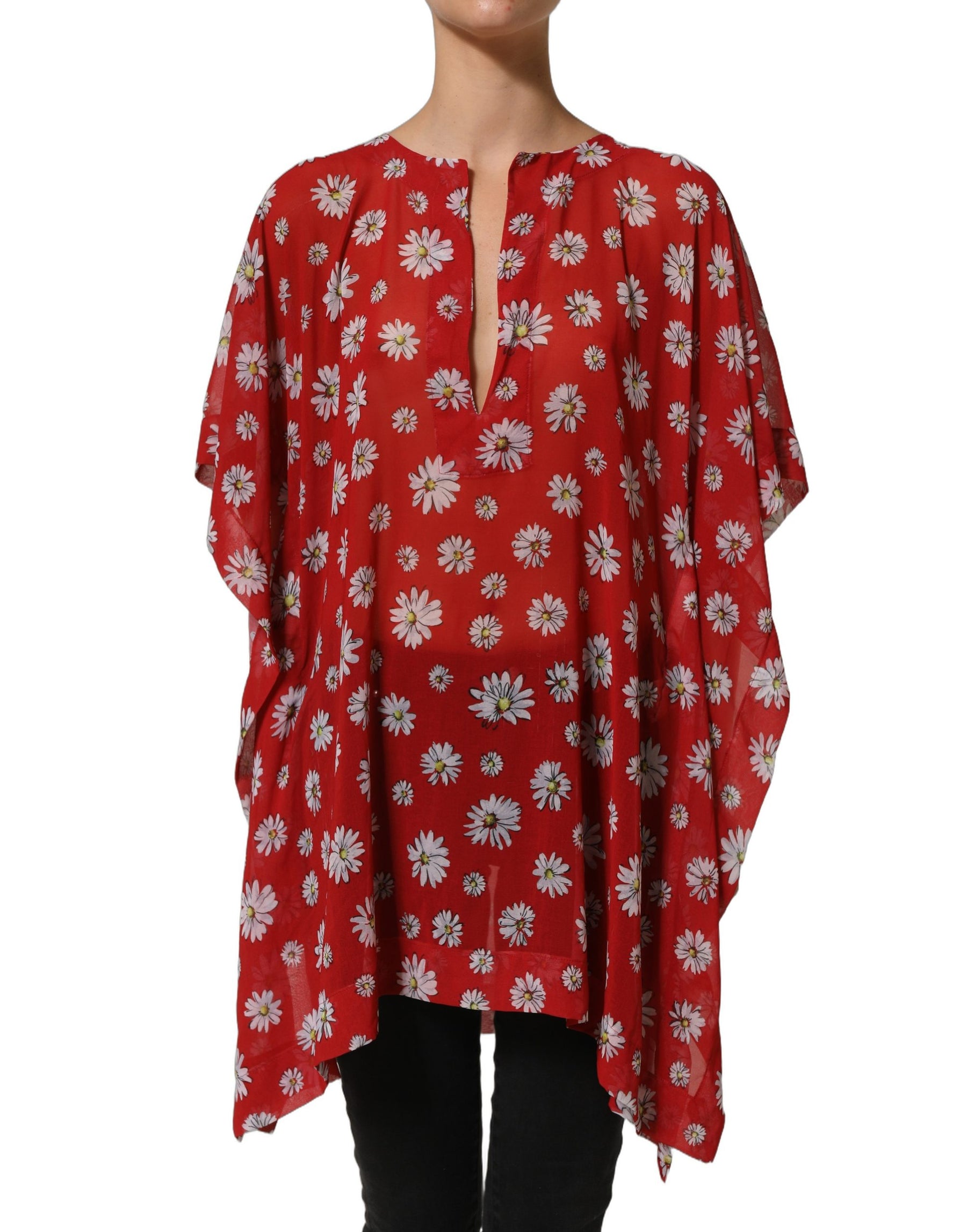 Dolce & Gabbana Red Floral V-neck Polyester Kaftan Blouse Top | Regal Royce