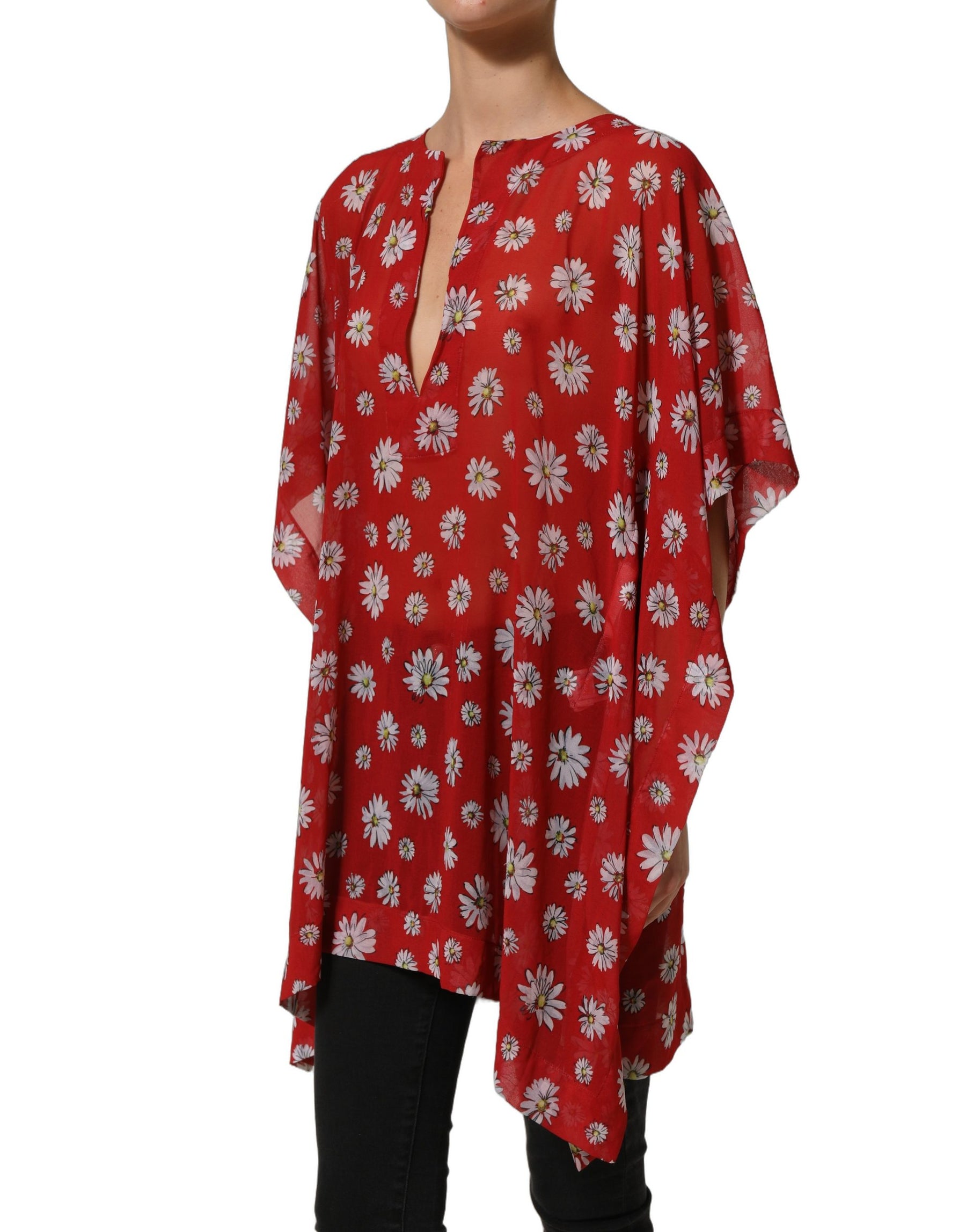 Dolce & Gabbana Red Floral V-neck Polyester Kaftan Blouse Top | Regal Royce