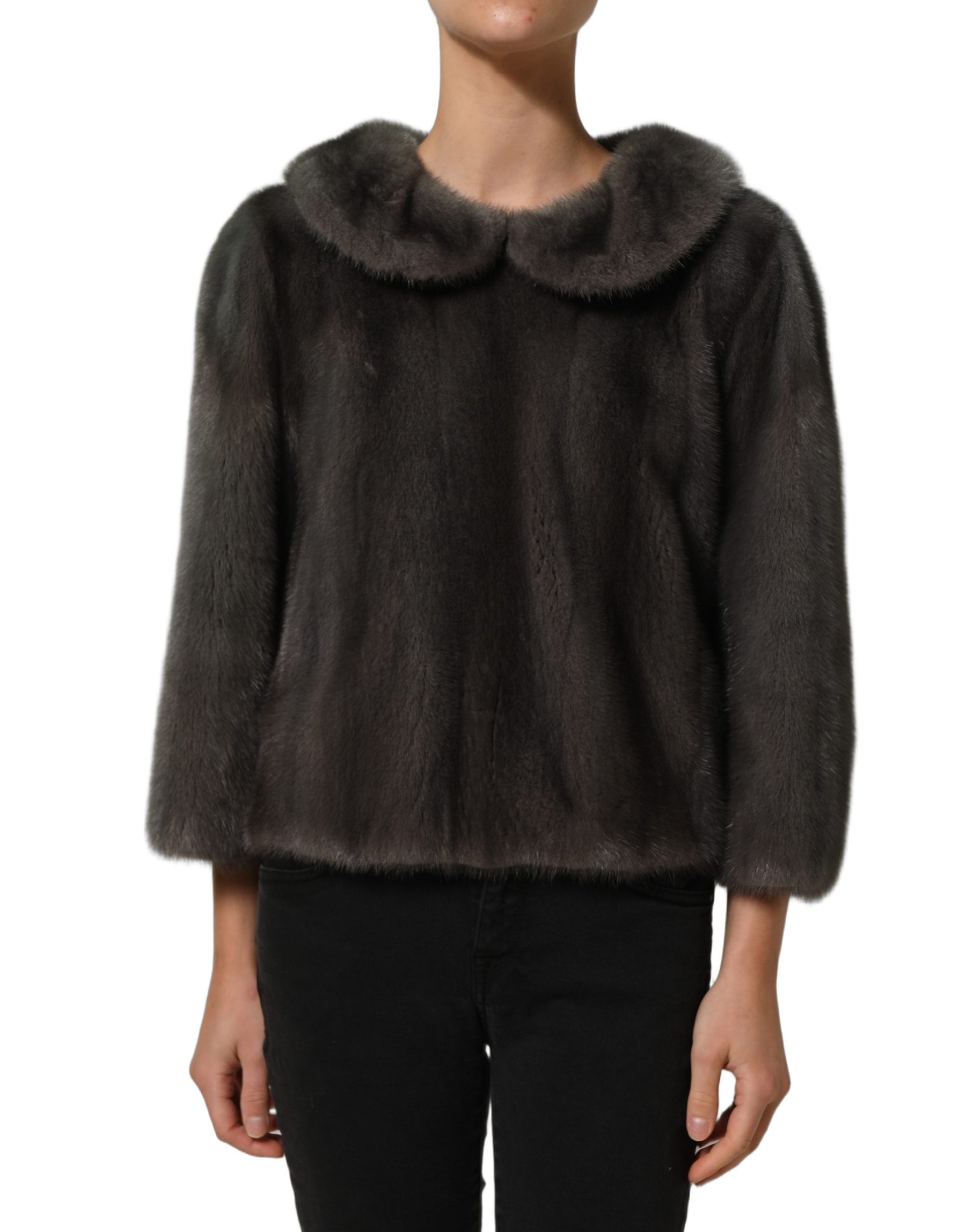 Dolce & Gabbana Dark Gray Mink Fur Round Collar Blouse Top | Regal Royce