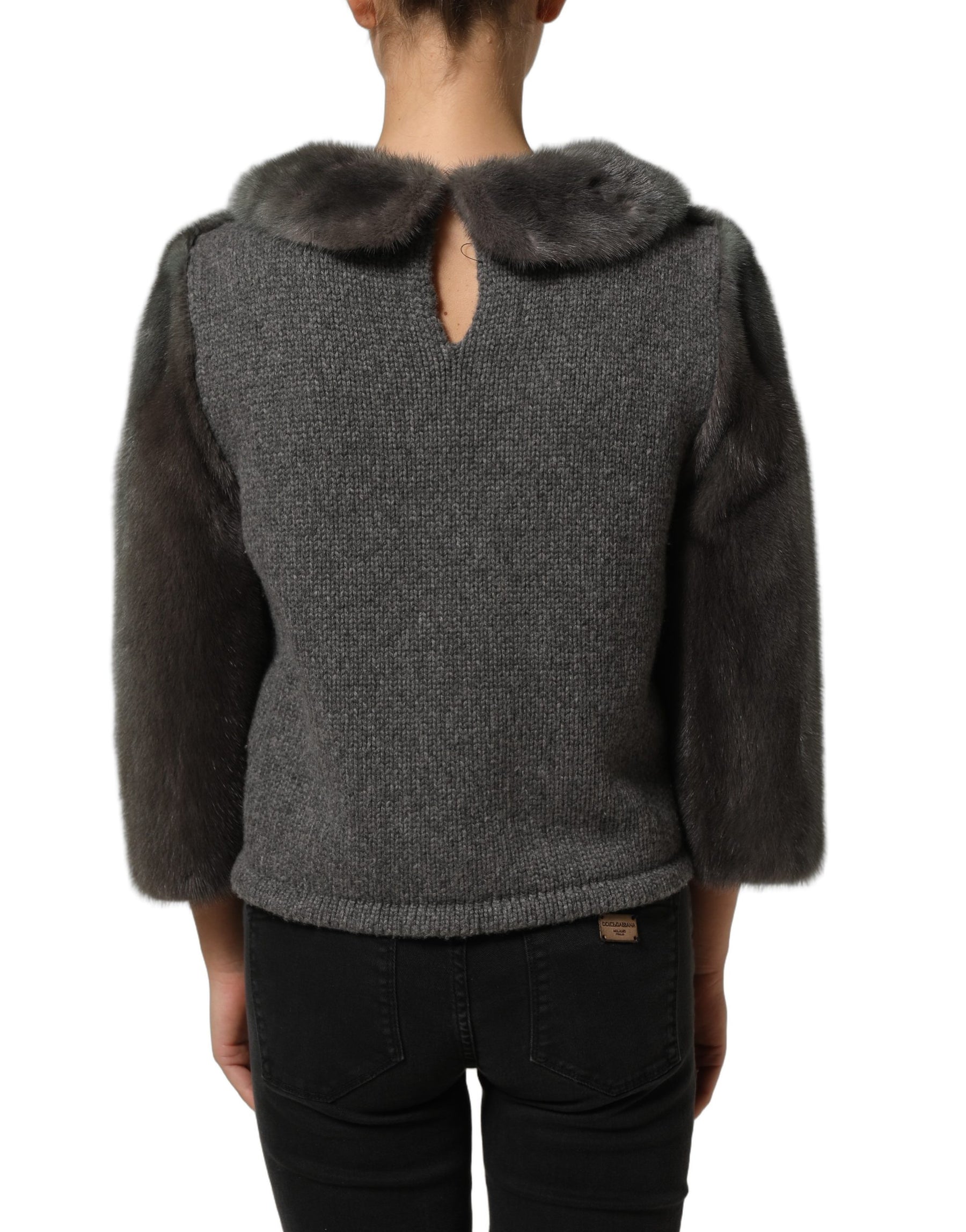 Dolce & Gabbana Dark Gray Mink Fur Round Collar Blouse Top | Regal Royce