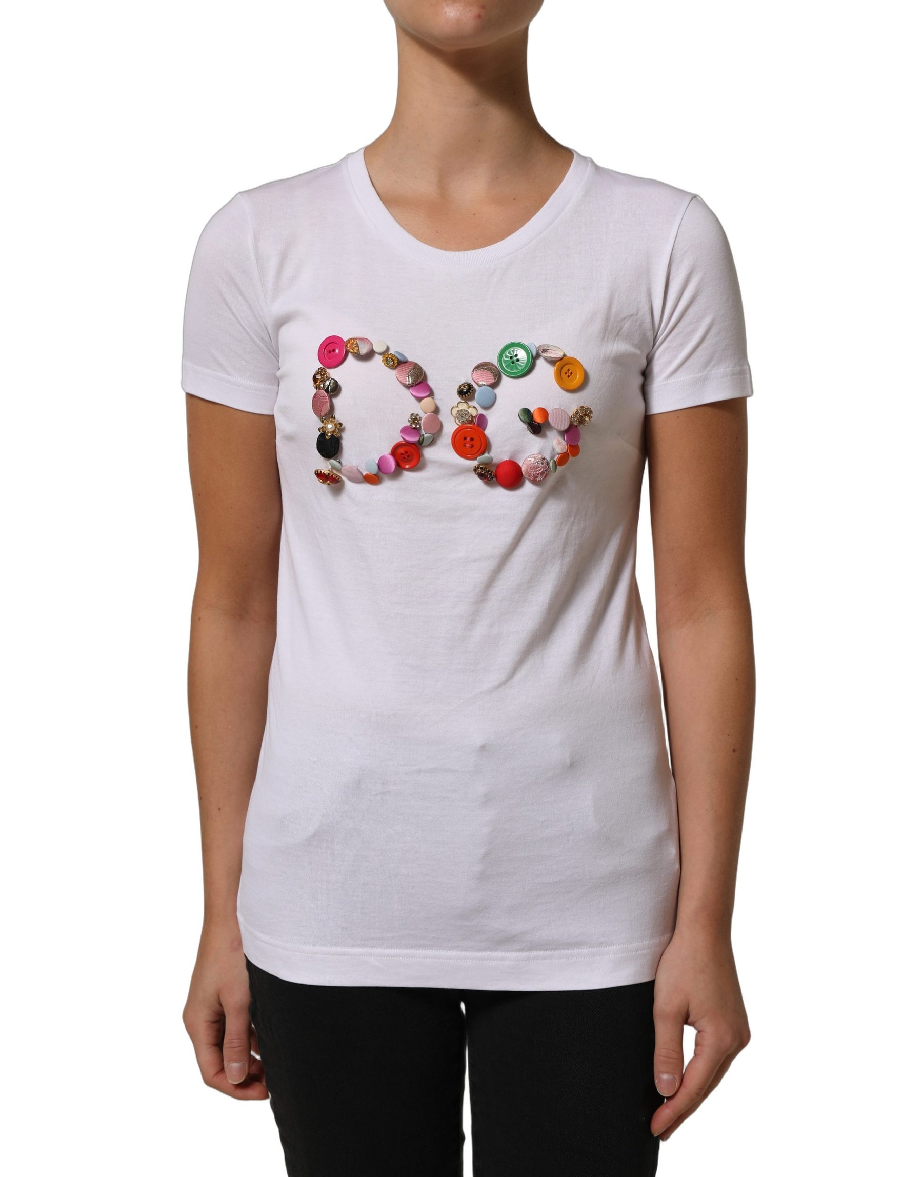 Dolce & Gabbana White DG Logo Embellished Round Neck T-shirt | Regal Royce