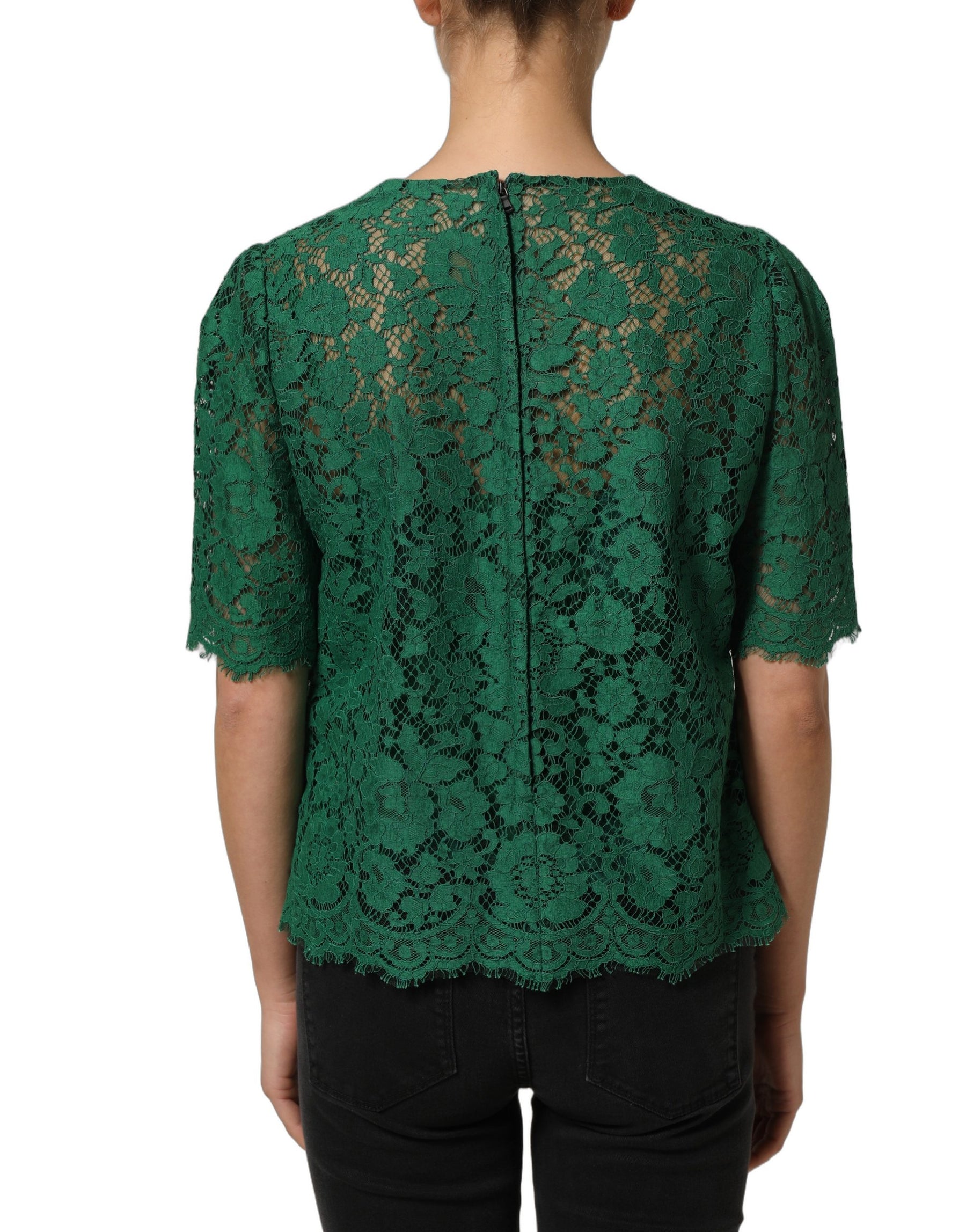 Dolce & Gabbana Green Floral Lace Round Neck Blouse Top | Regal Royce