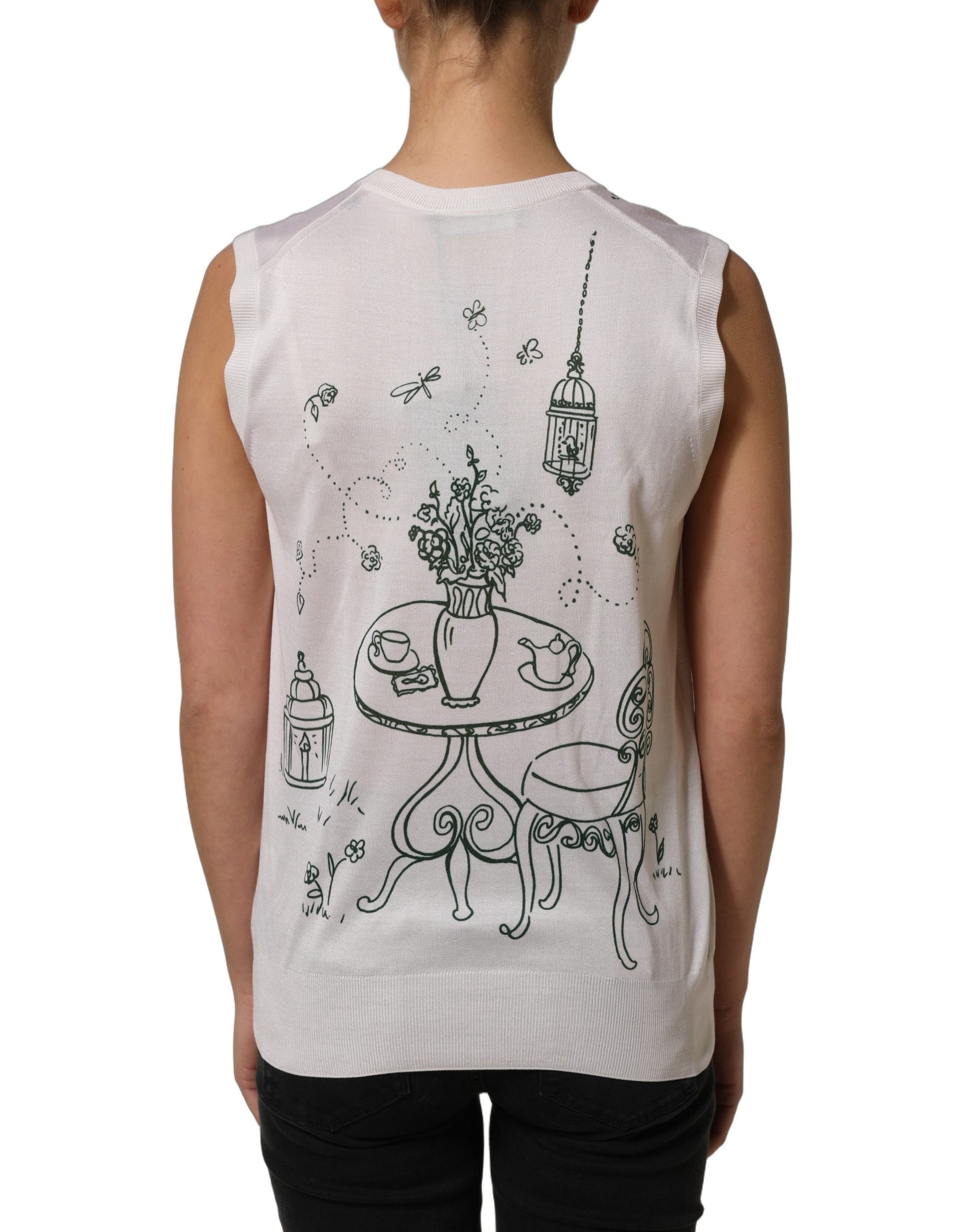 Dolce & Gabbana White Silk Knit Garden Fountain Print Tank Top | Regal Royce