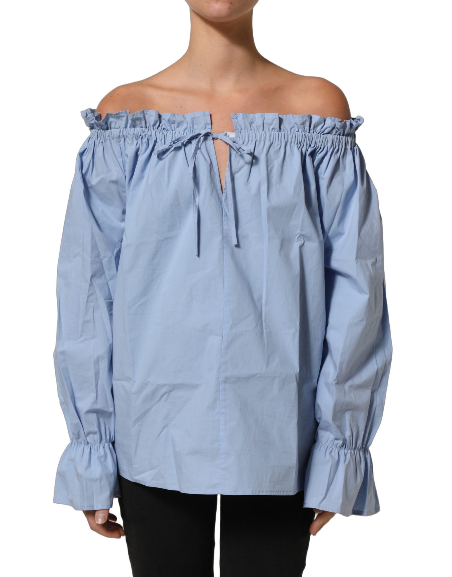 L'Autre Chose Light Blue Cotton Off Shoulder Long Sleeves Top | Regal Royce