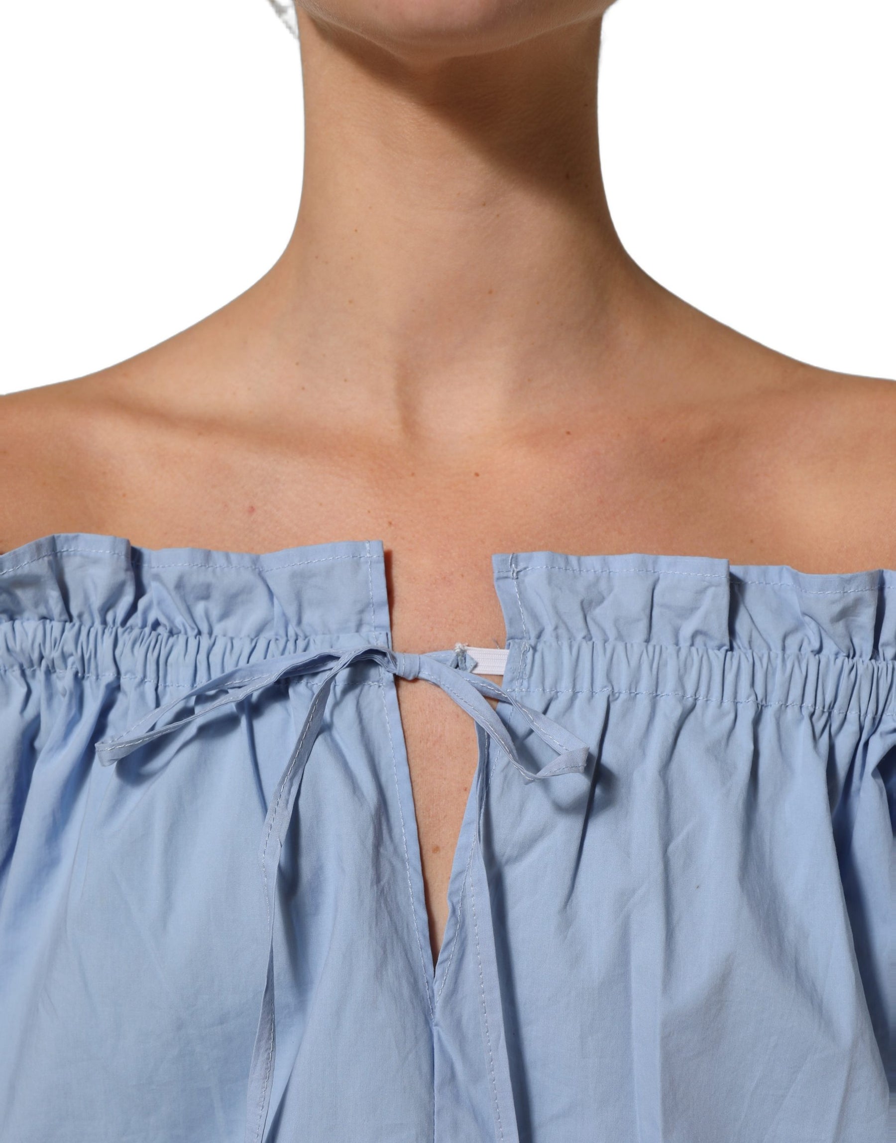 L'Autre Chose Light Blue Cotton Off Shoulder Long Sleeves Top | Regal Royce
