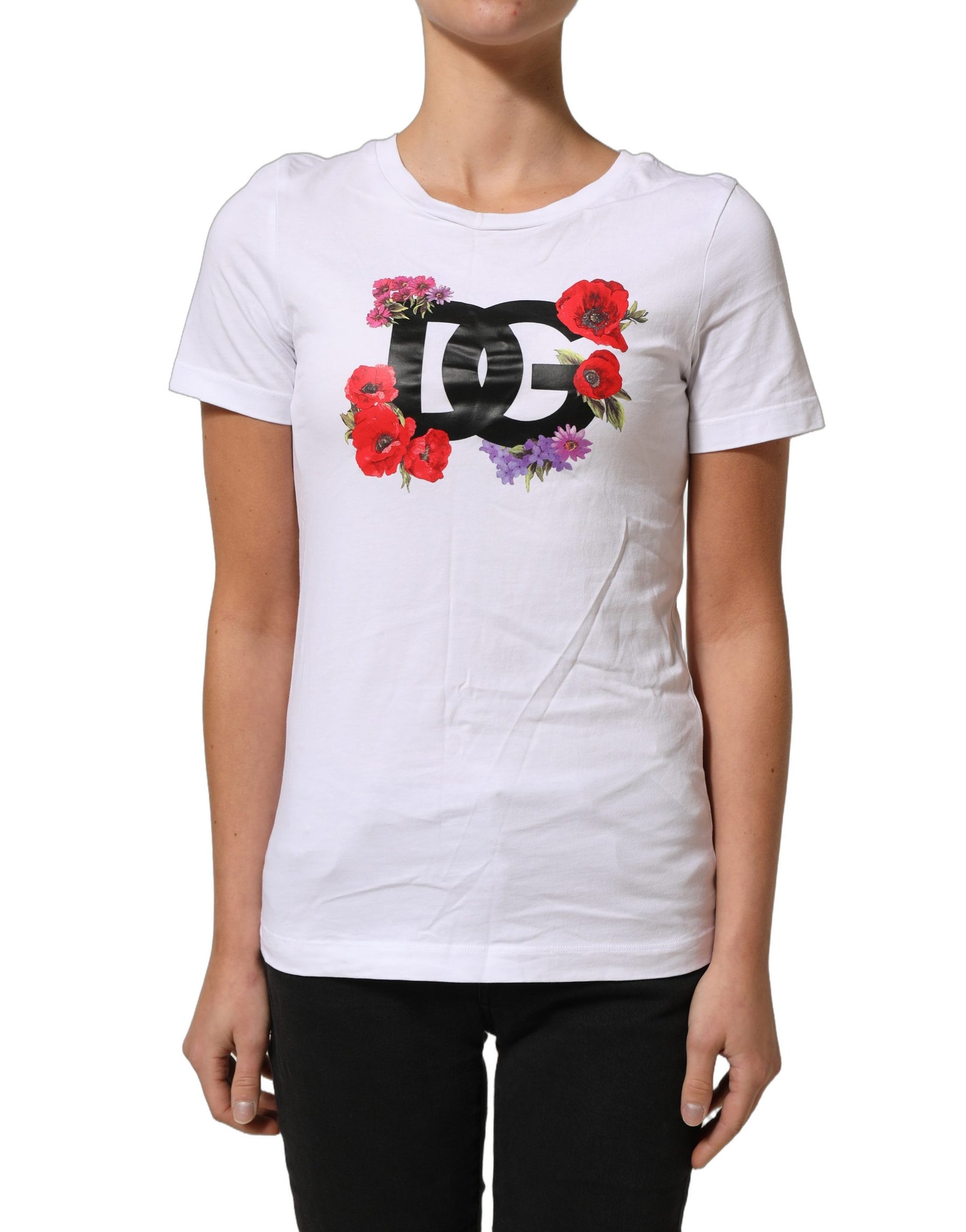 Dolce & Gabbana White Floral Logo Cotton Round Neck T-shirt | Regal Royce