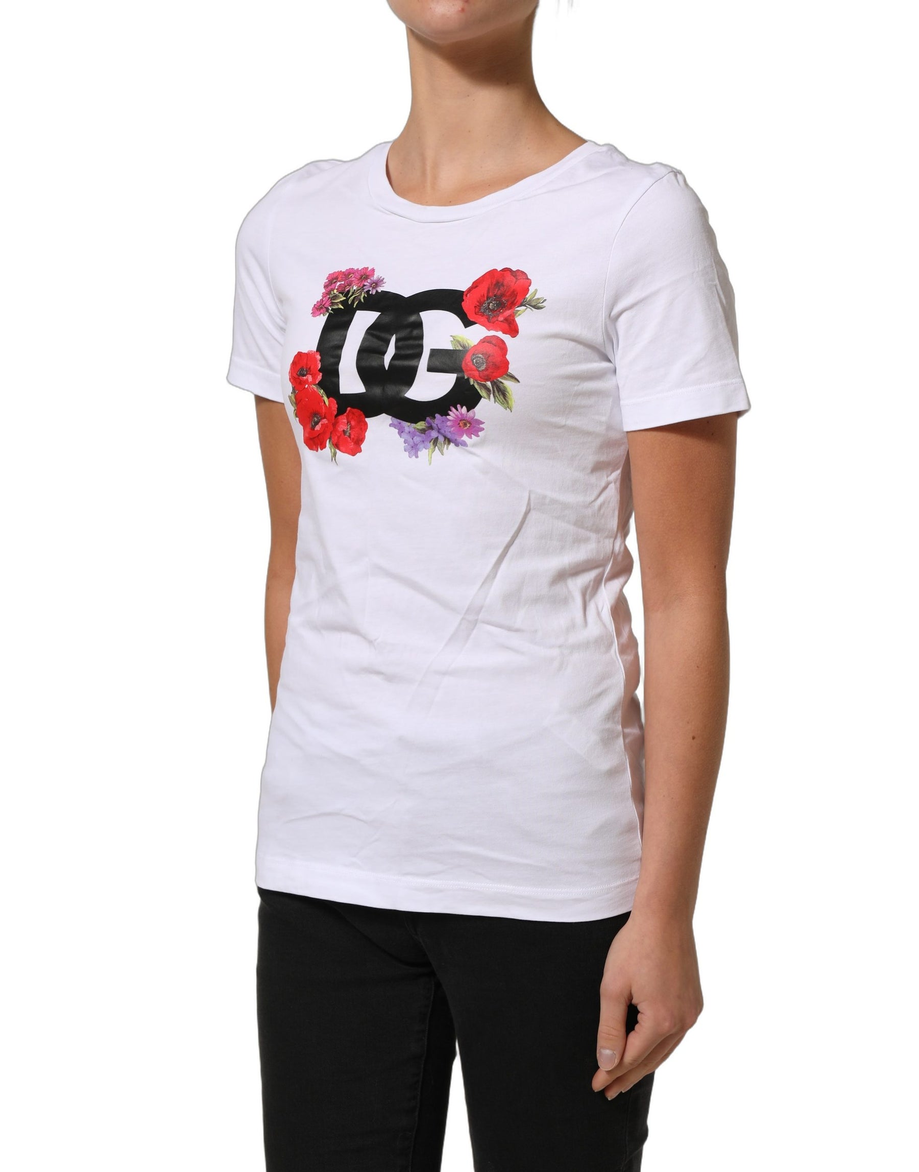 Dolce & Gabbana White Floral Logo Cotton Round Neck T-shirt | Regal Royce