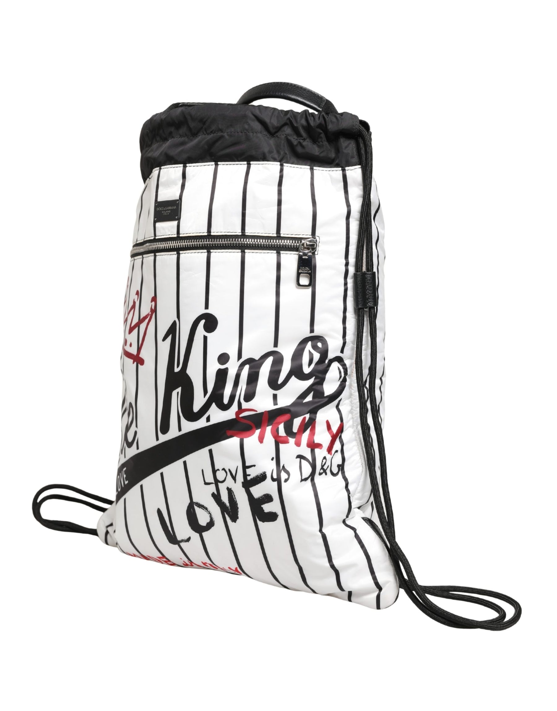 Dolce & Gabbana Black White Striped Polyester Drawstring Backpack Men Bag | Regal Royce