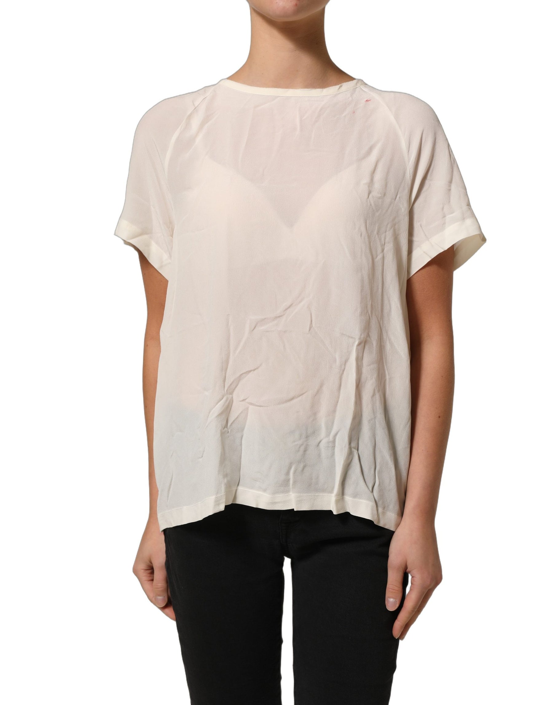 PINKO Off White Silk Sheer Round Neck Short Sleeves Blouse Top | Regal Royce