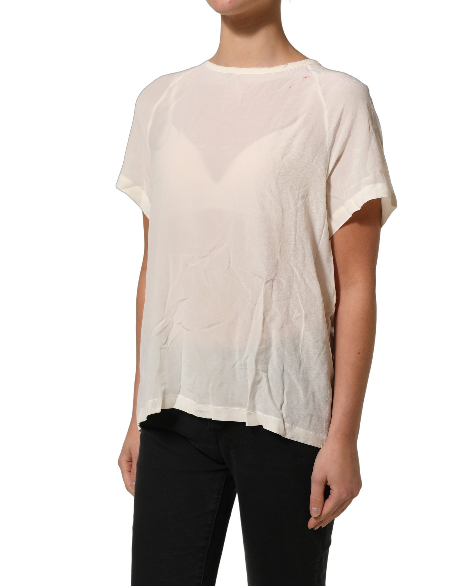 PINKO Off White Silk Sheer Round Neck Short Sleeves Blouse Top | Regal Royce