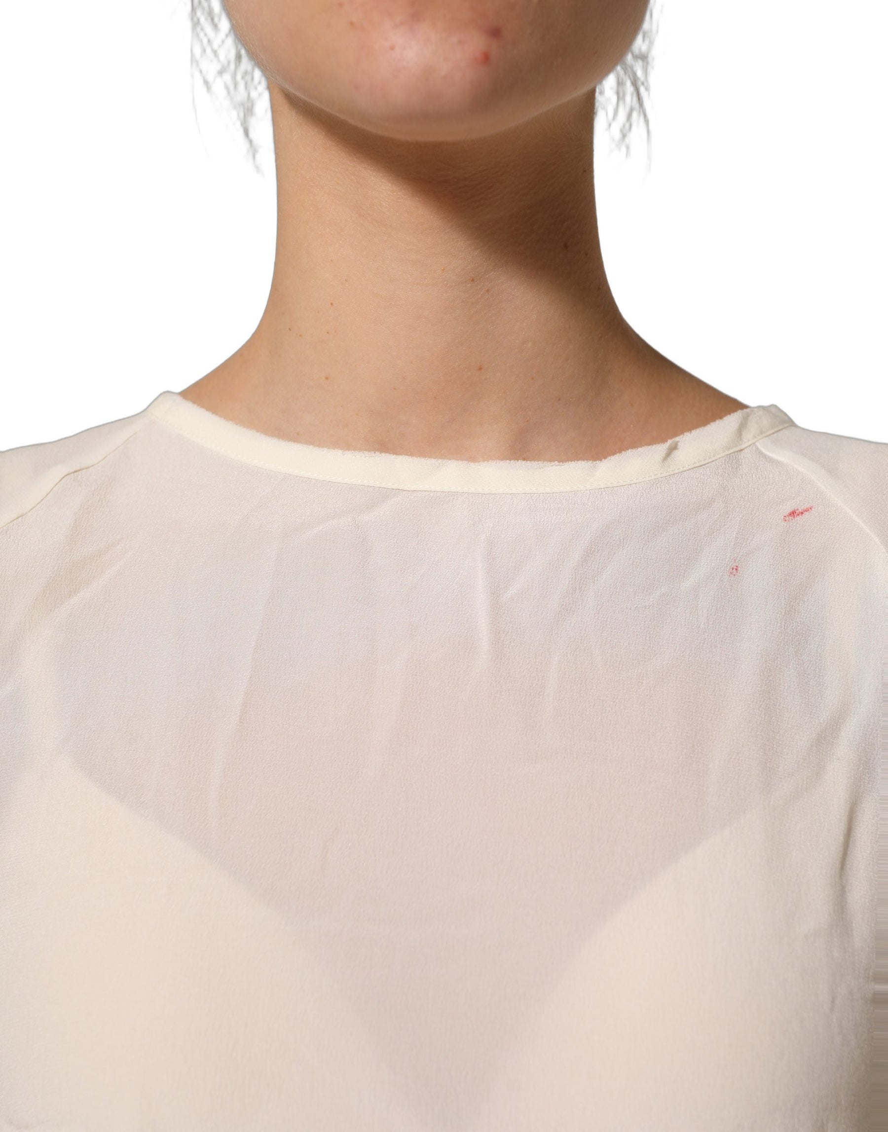 PINKO Off White Silk Sheer Round Neck Short Sleeves Blouse Top | Regal Royce