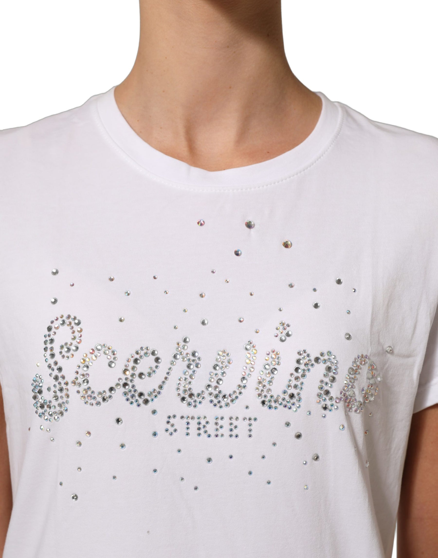 Scervino Street White Crew Neck Short Sleeves Embellished T-shirt | Regal Royce