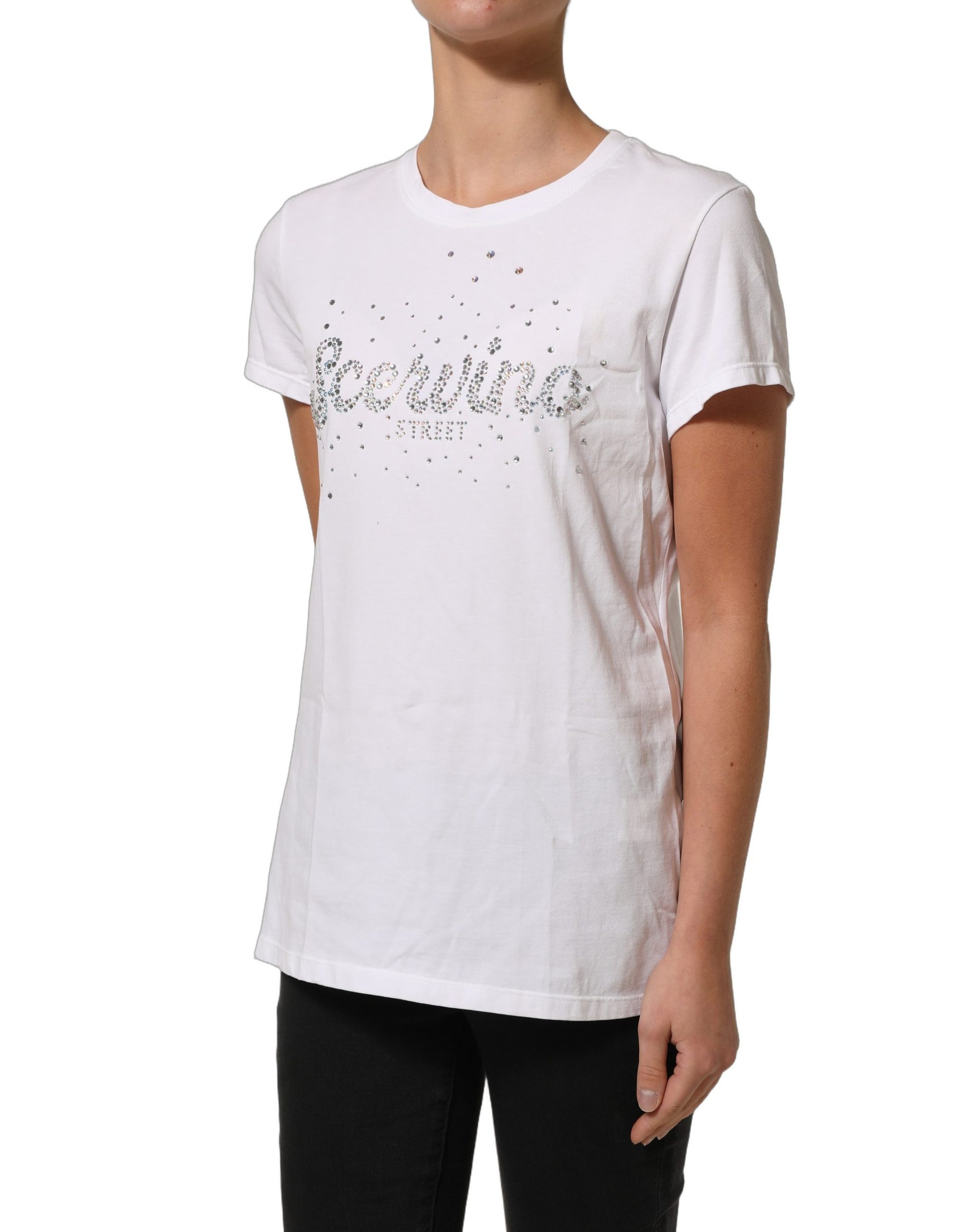 Scervino Street White Crew Neck Short Sleeves Embellished T-shirt | Regal Royce