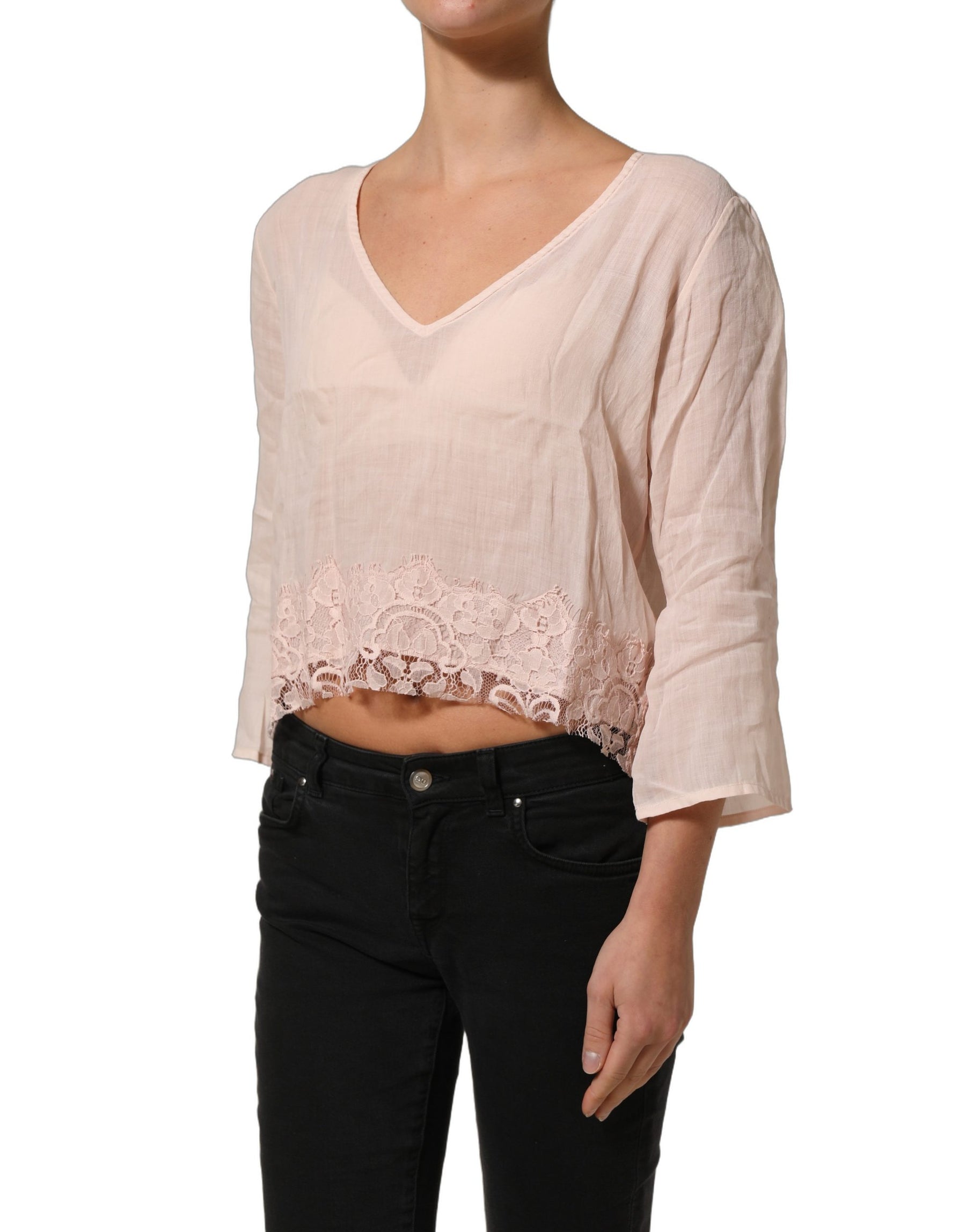 PINK MEMORIES Light Pink Linen V-Neck Long Sleeves Blouse Top | Regal Royce