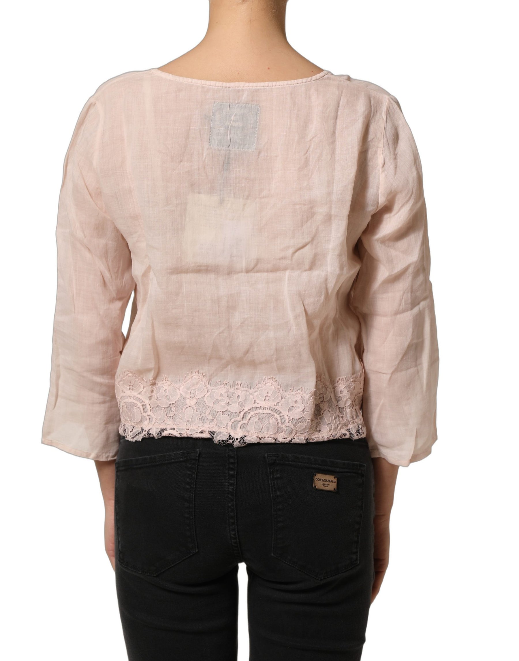 PINK MEMORIES Light Pink Linen V-Neck Long Sleeves Blouse Top | Regal Royce