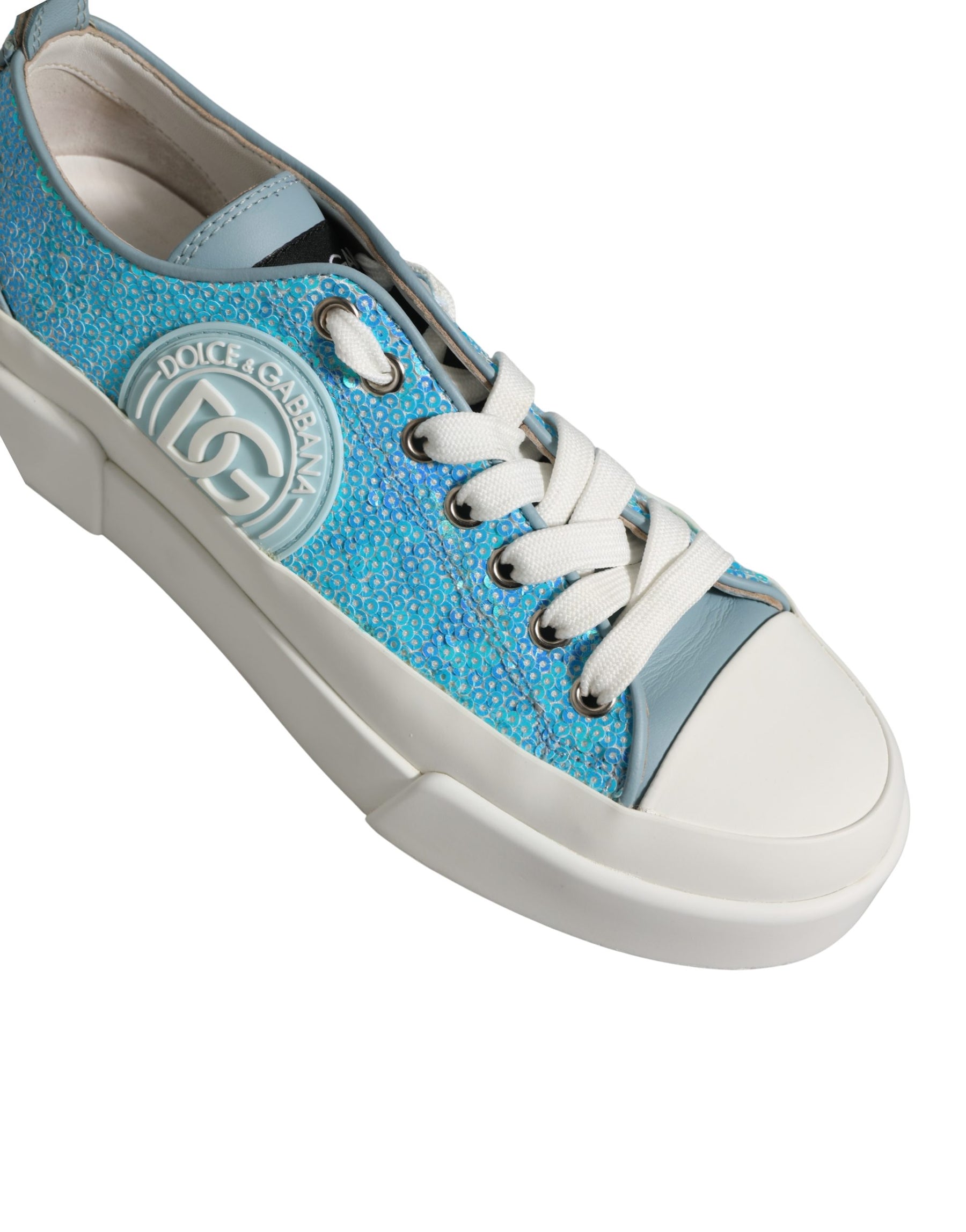 Dolce & Gabbana Blue White Sequin Logo Low Top Sneakers Shoes | Regal Royce