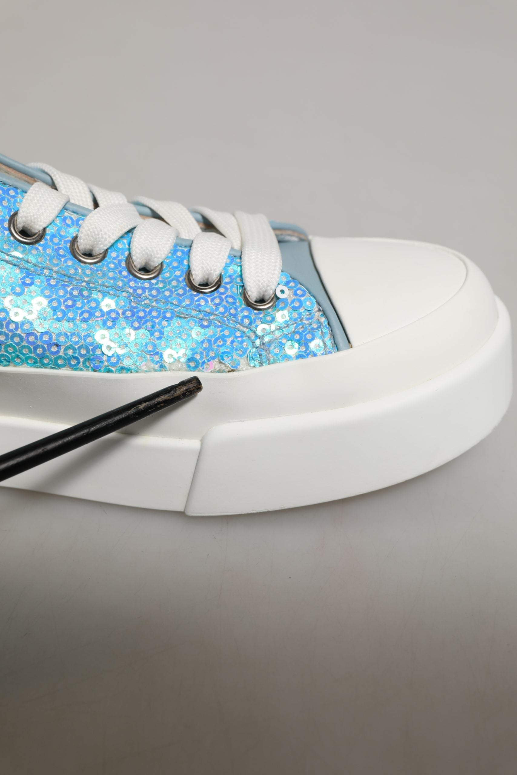 Dolce & Gabbana Blue White Sequin Logo Low Top Sneakers Shoes | Regal Royce