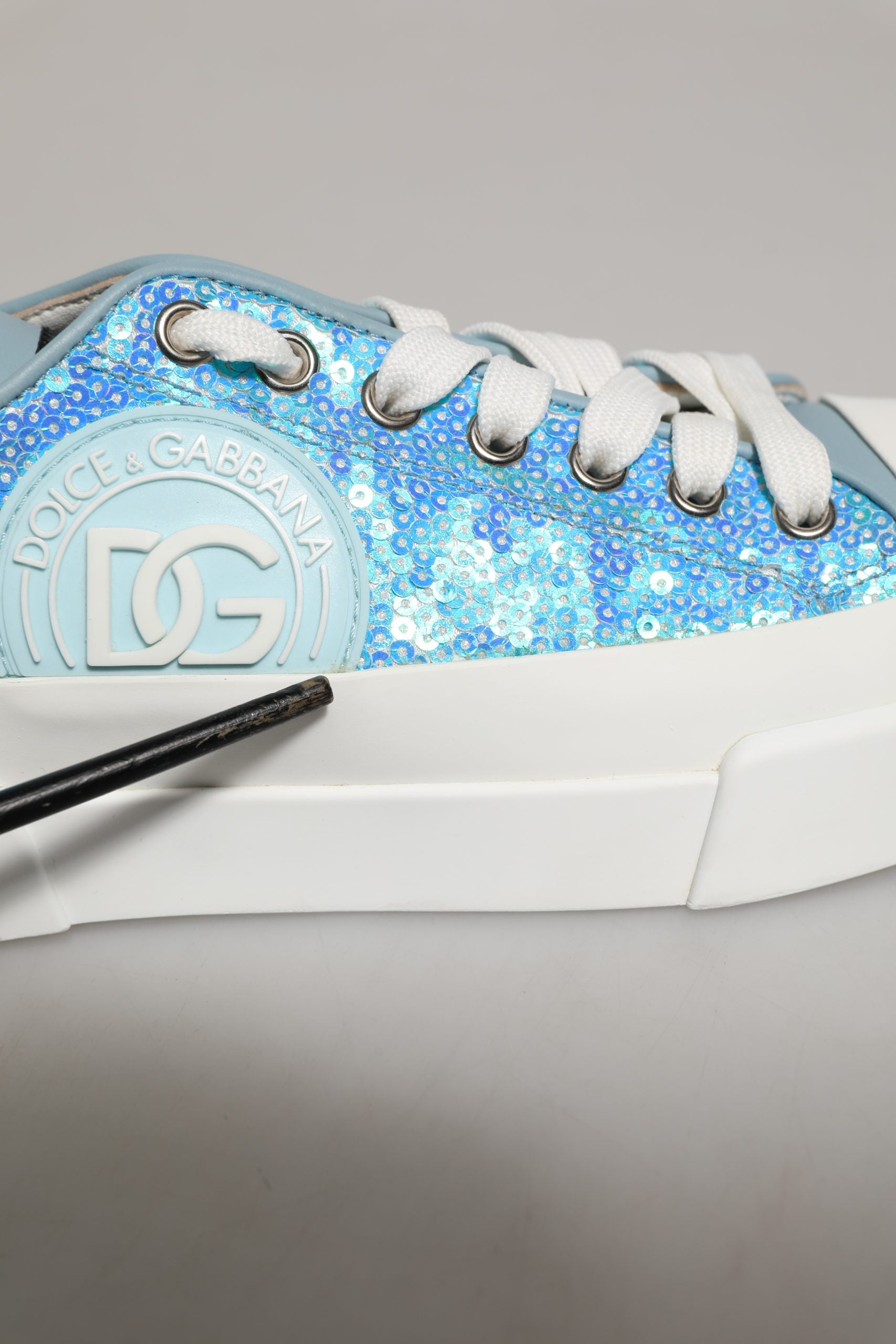 Dolce & Gabbana Blue White Sequin Logo Low Top Sneakers Shoes | Regal Royce