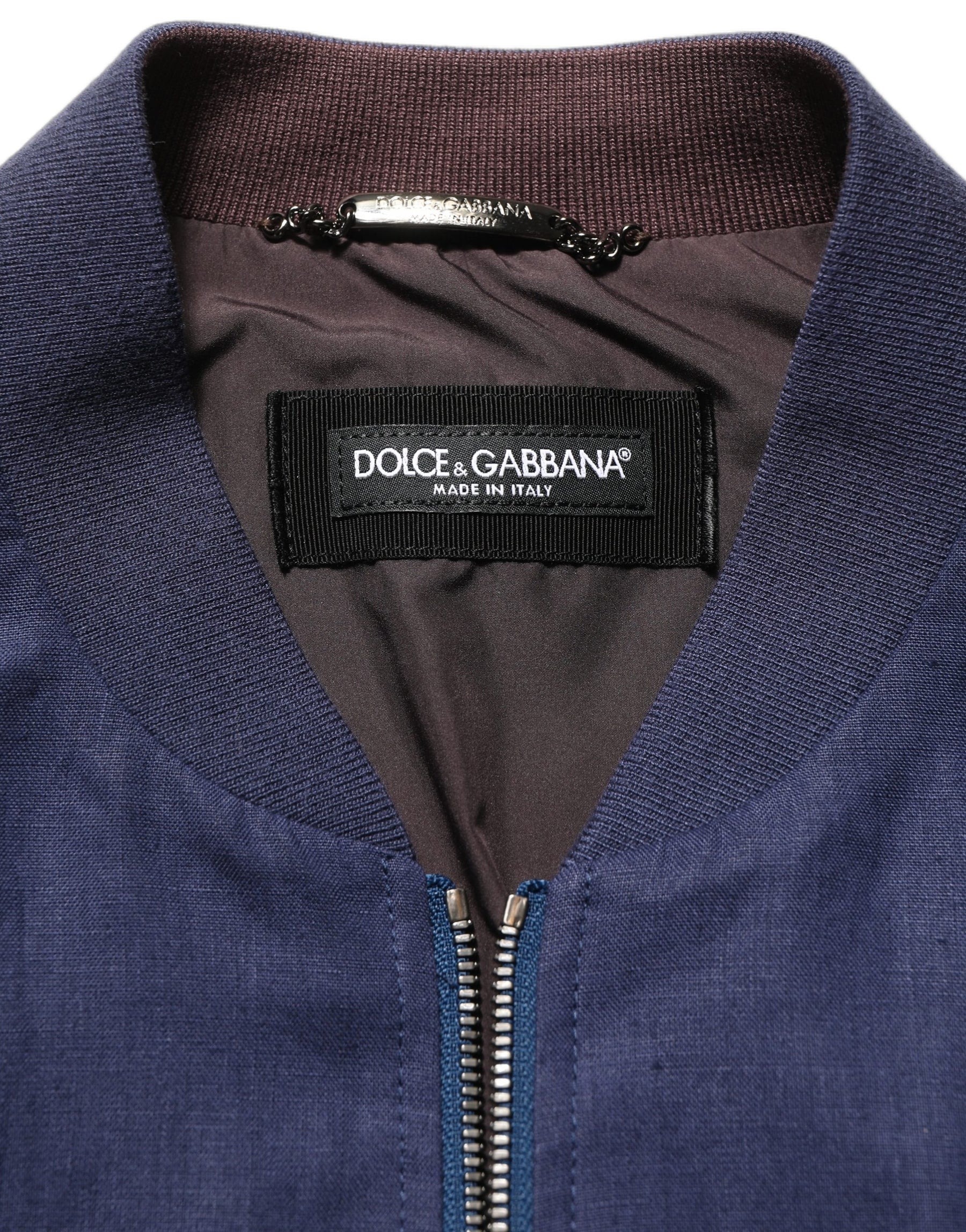 Dolce & Gabbana Blue Linen Full Zip Men Bomber Jacket | Regal Royce