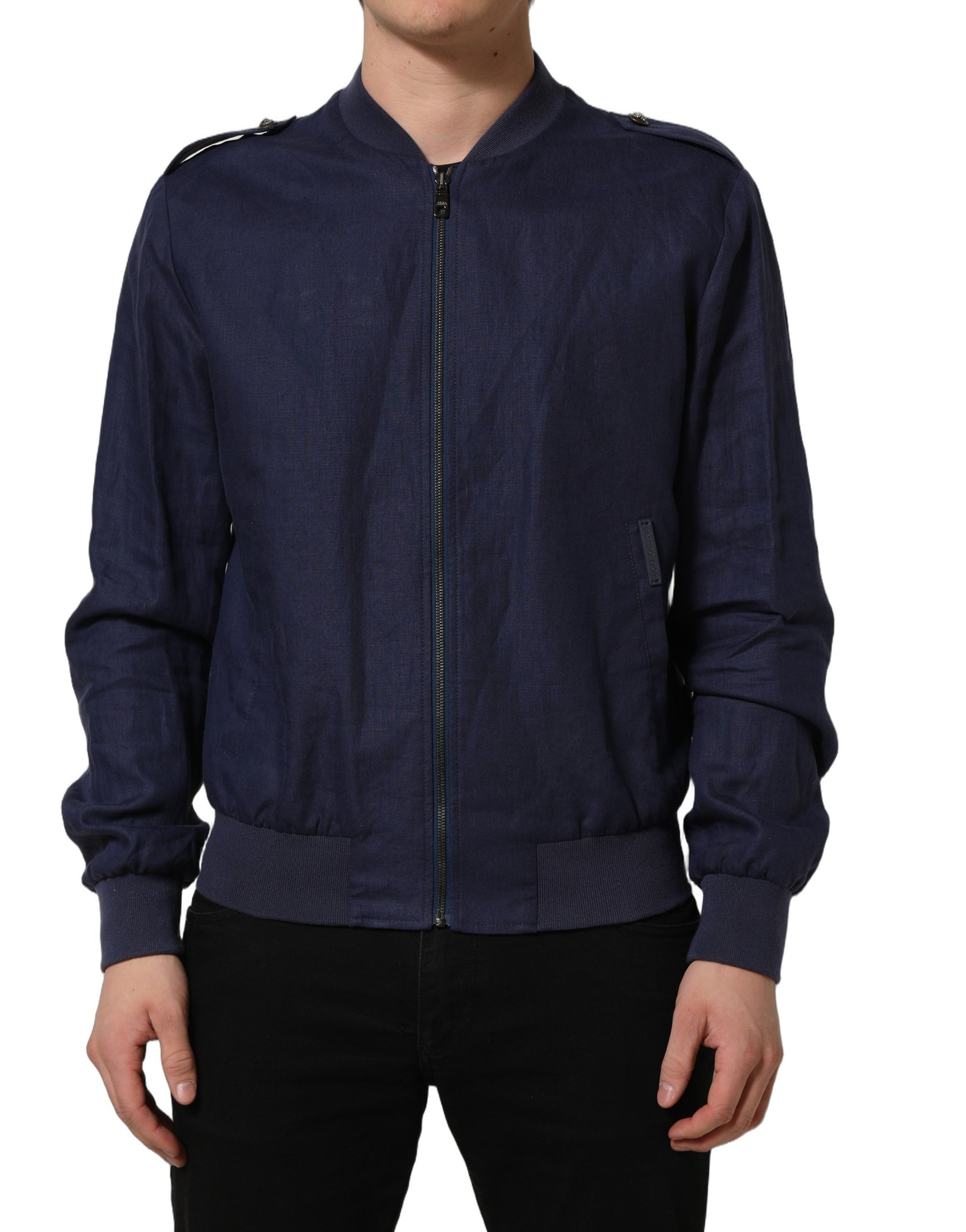 Dolce & Gabbana Blue Linen Full Zip Men Bomber Jacket | Regal Royce