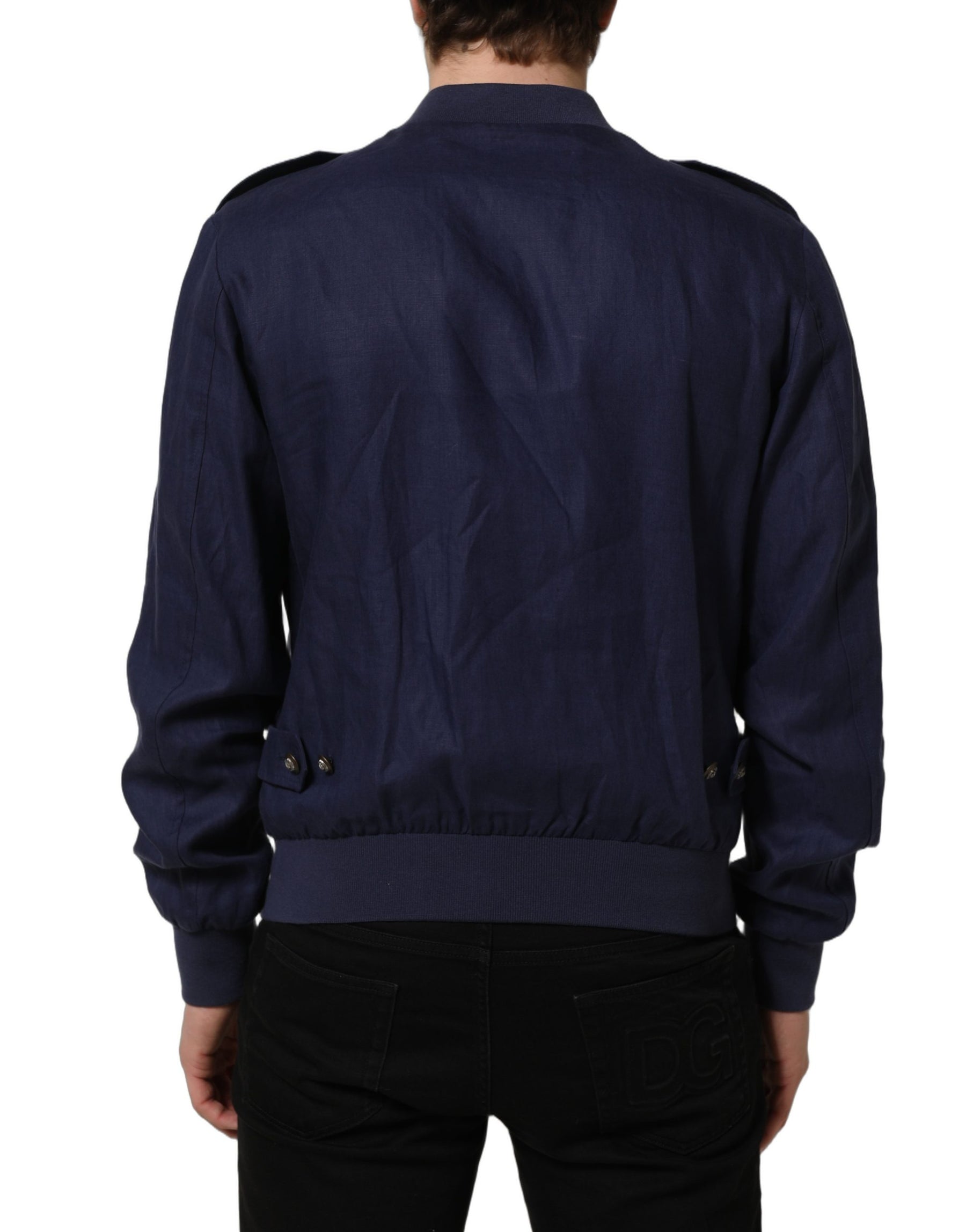 Dolce & Gabbana Blue Linen Full Zip Men Bomber Jacket | Regal Royce
