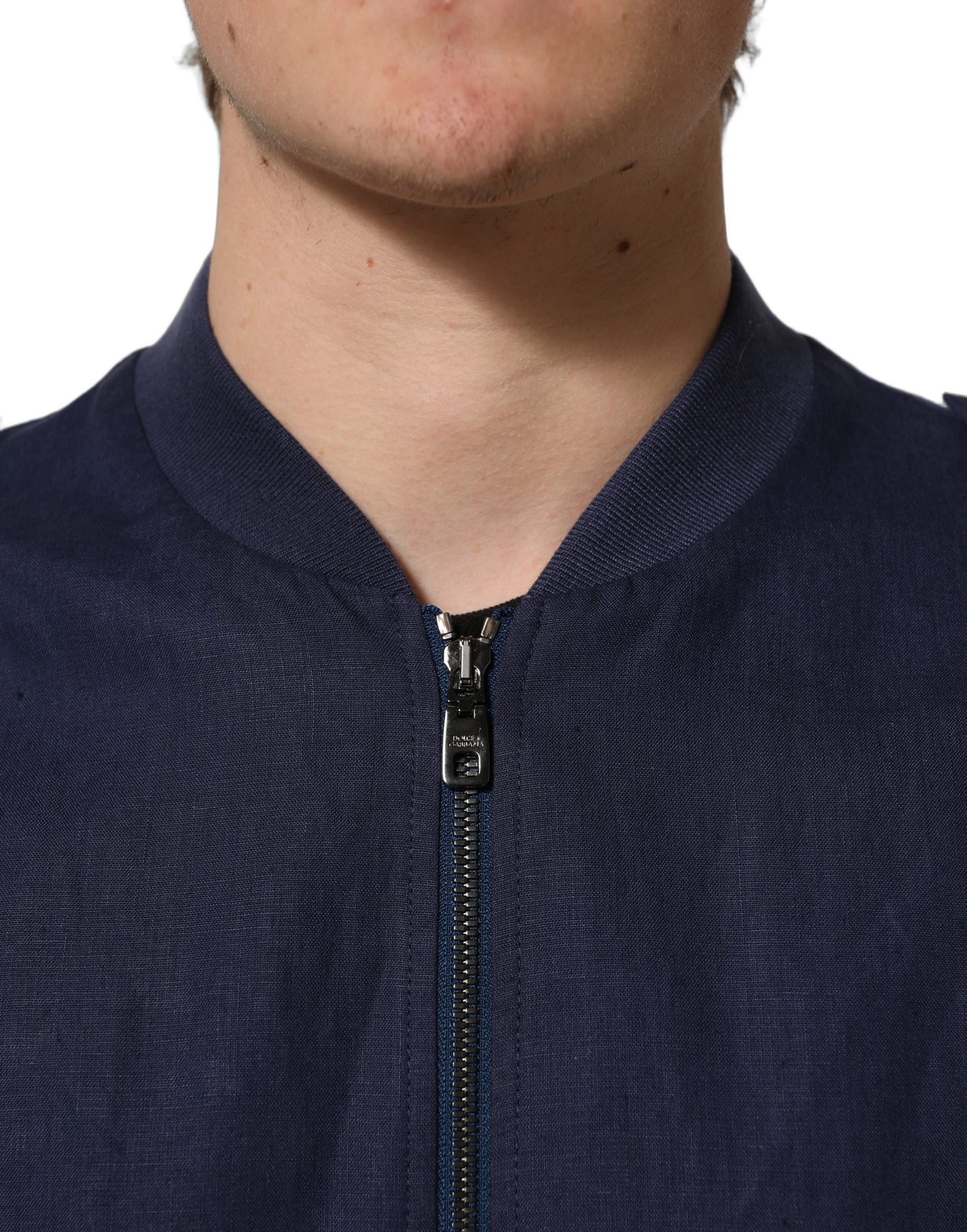 Dolce & Gabbana Blue Linen Full Zip Men Bomber Jacket | Regal Royce