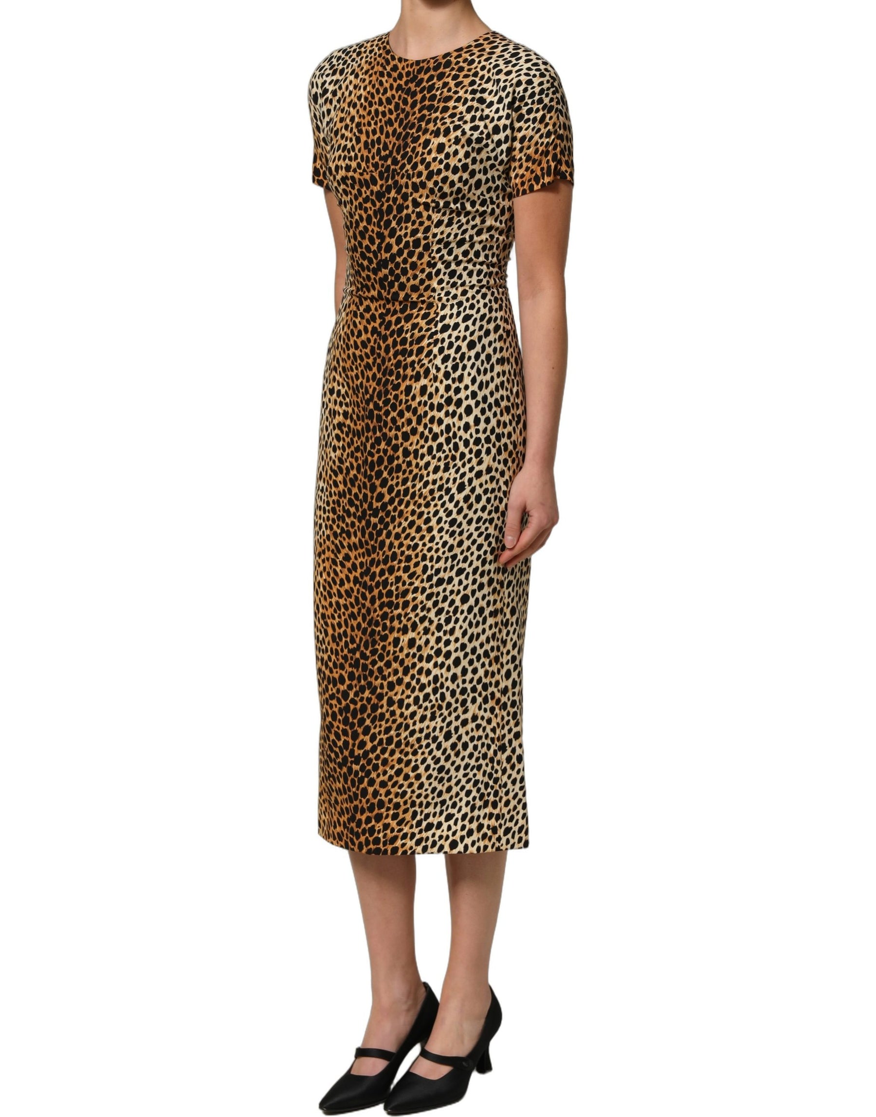 Dolce & Gabbana Brown Leopard Print Silk Sheath Midi Dress | Regal Royce