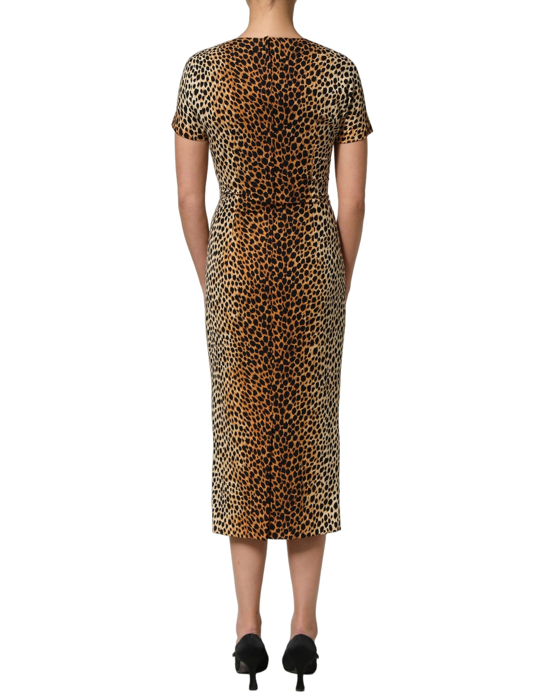 Dolce & Gabbana Brown Leopard Print Silk Sheath Midi Dress | Regal Royce