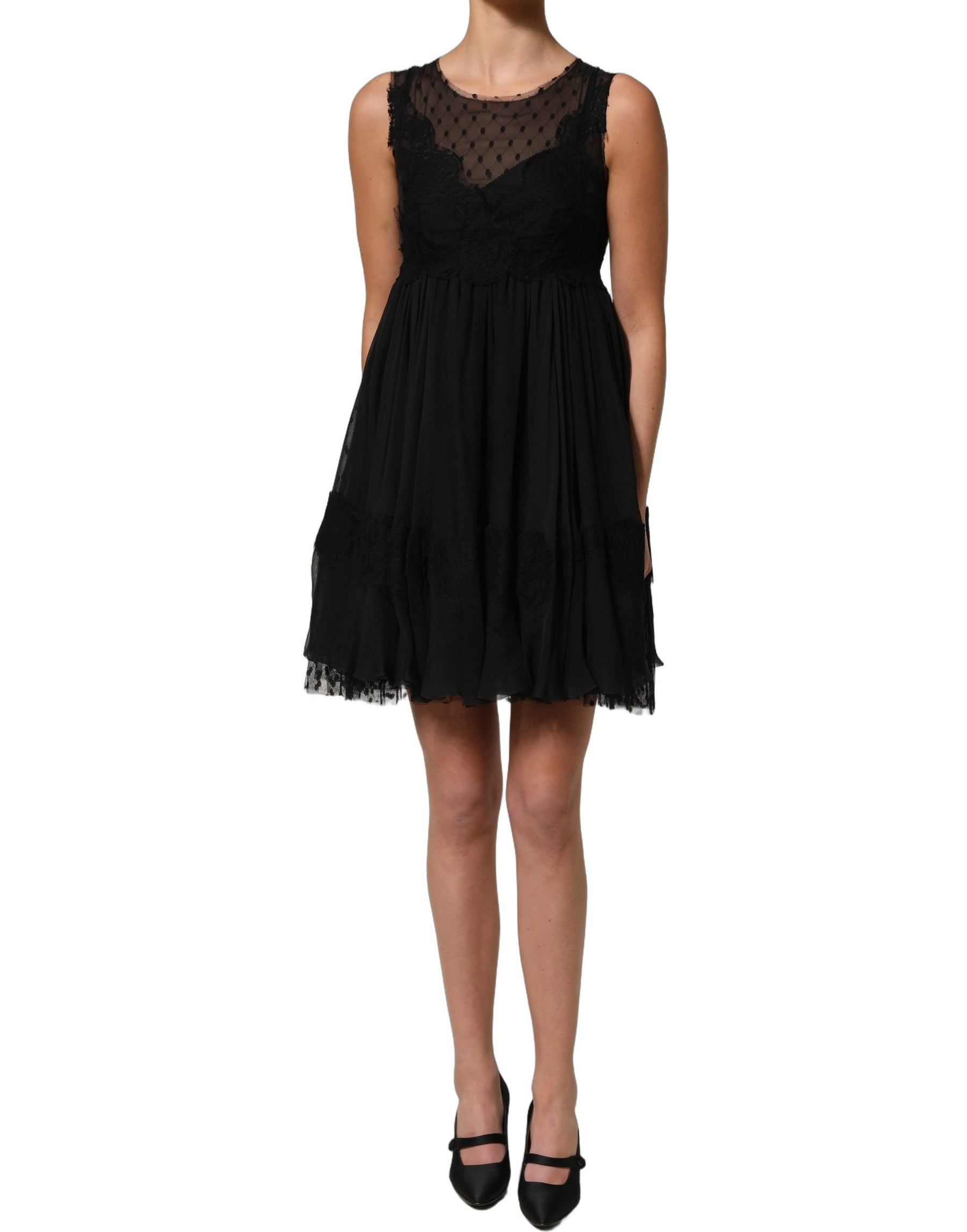 Dolce & Gabbana Black Lace Trim Sleeveless A-line Mini Dress | Regal Royce