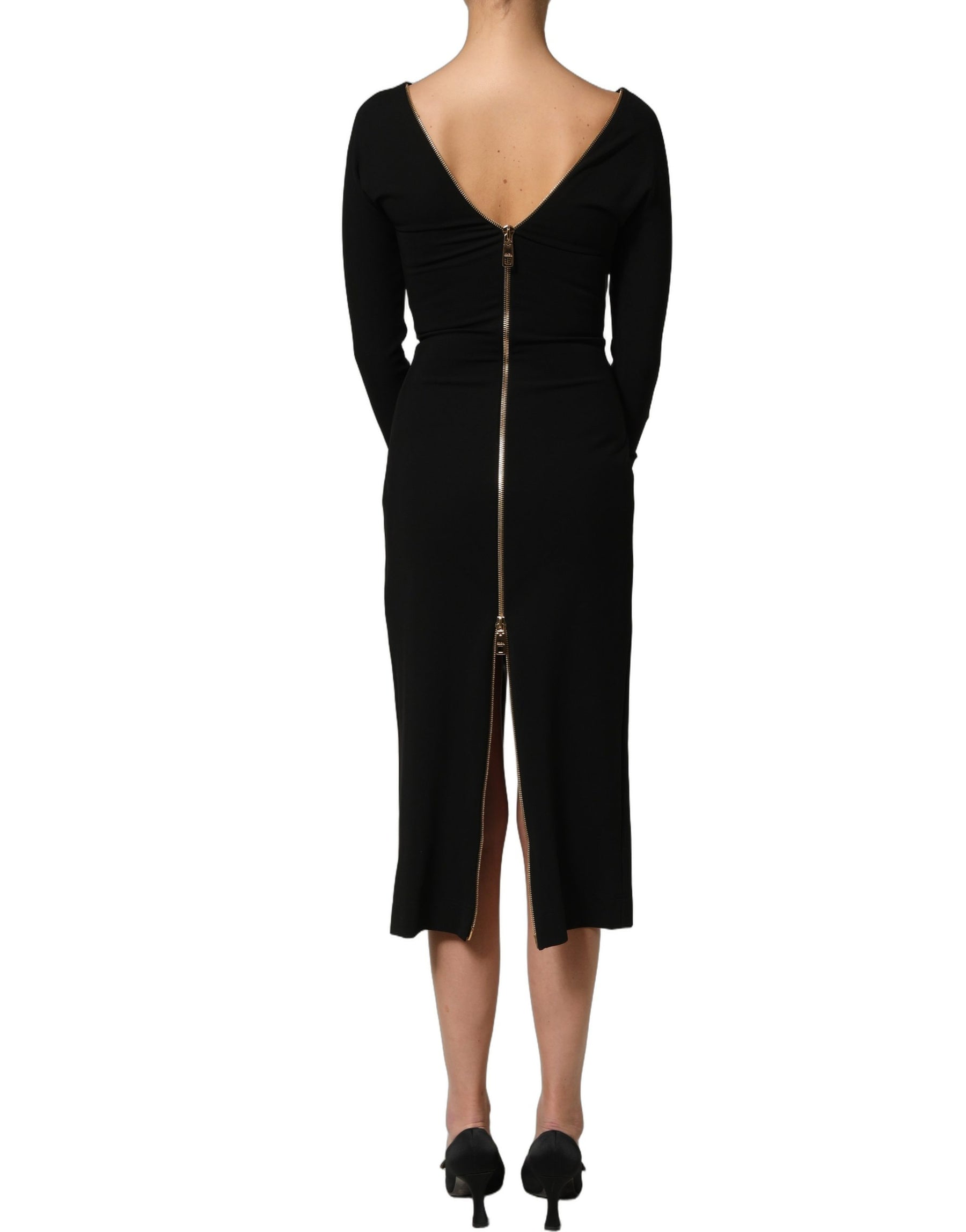 Dolce & Gabbana Black Long Sleeves Front Zipper Midi Dress | Regal Royce