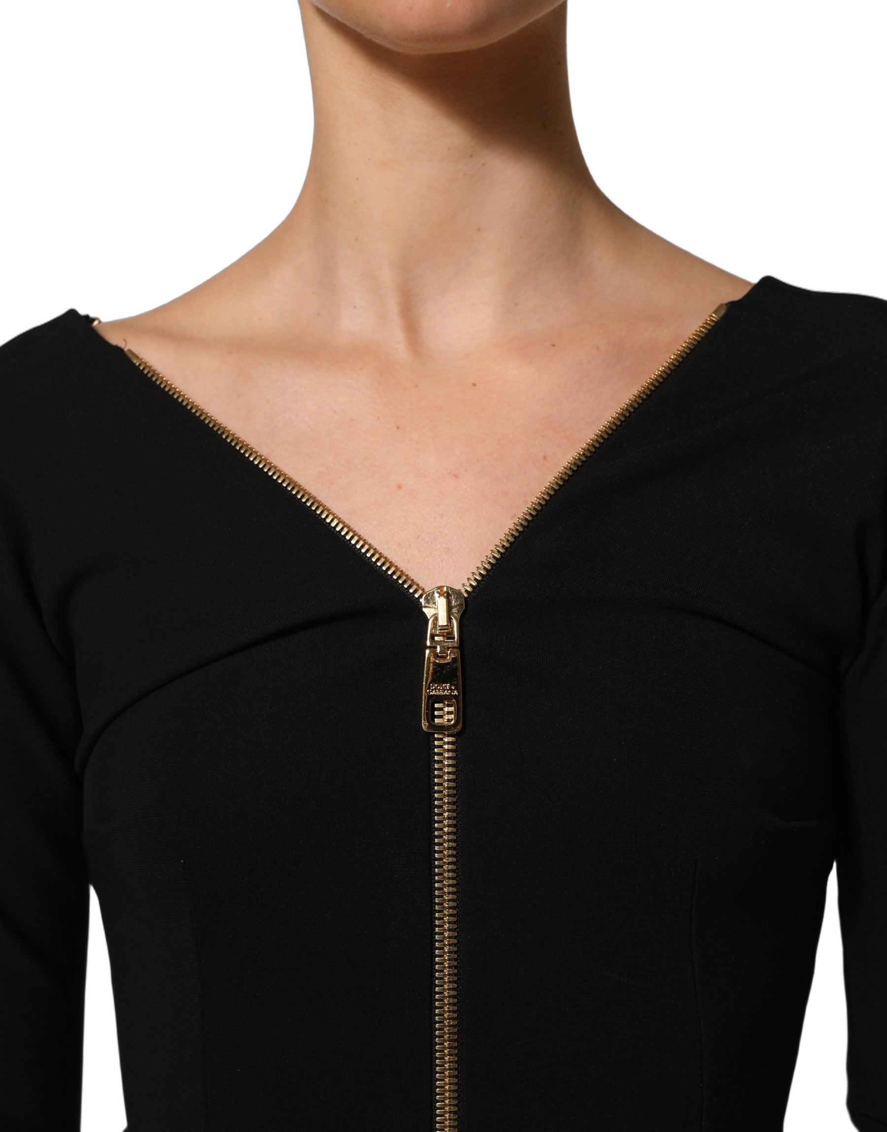 Dolce & Gabbana Black Long Sleeves Front Zipper Midi Dress | Regal Royce