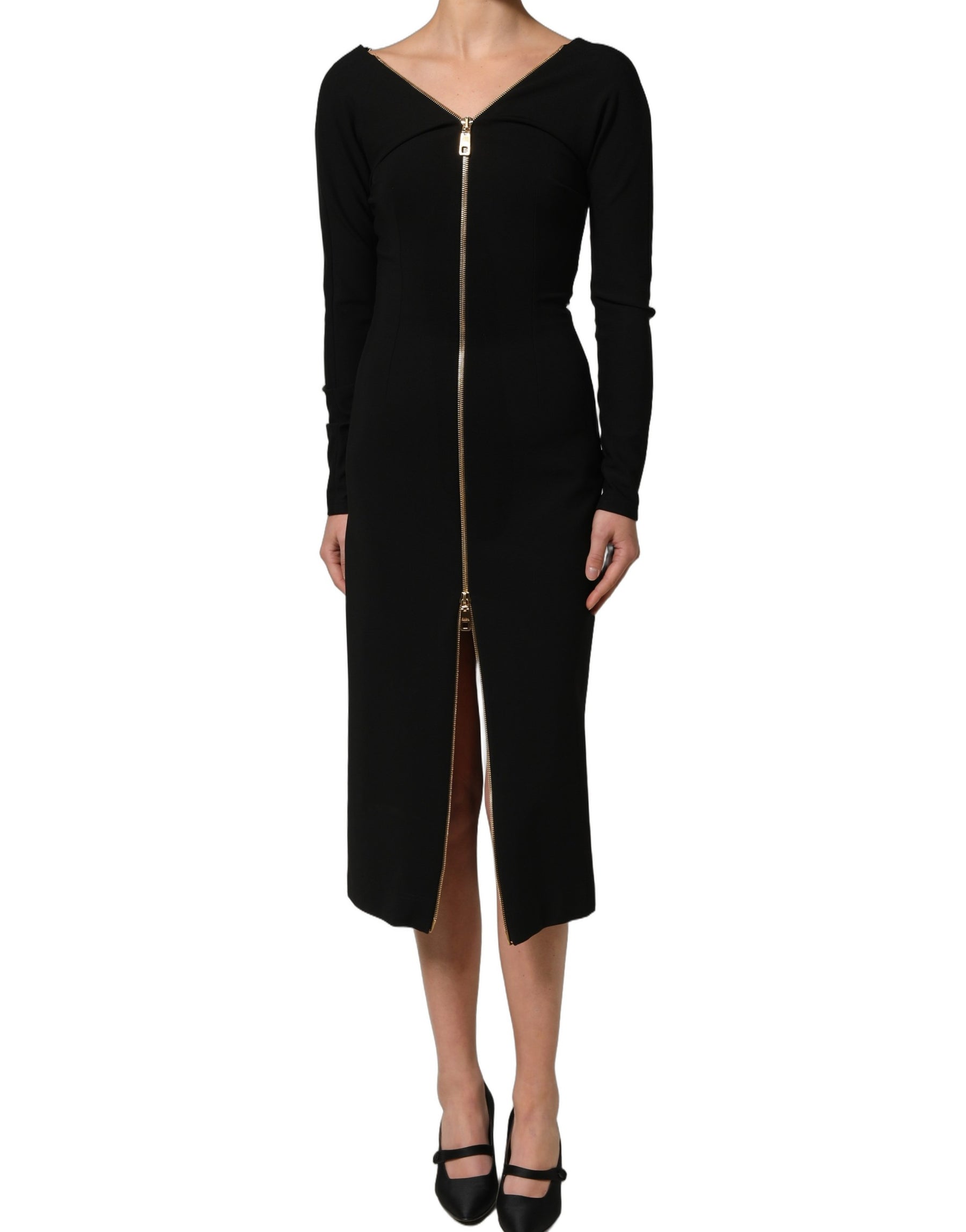 Dolce & Gabbana Black Long Sleeves Front Zipper Midi Dress | Regal Royce