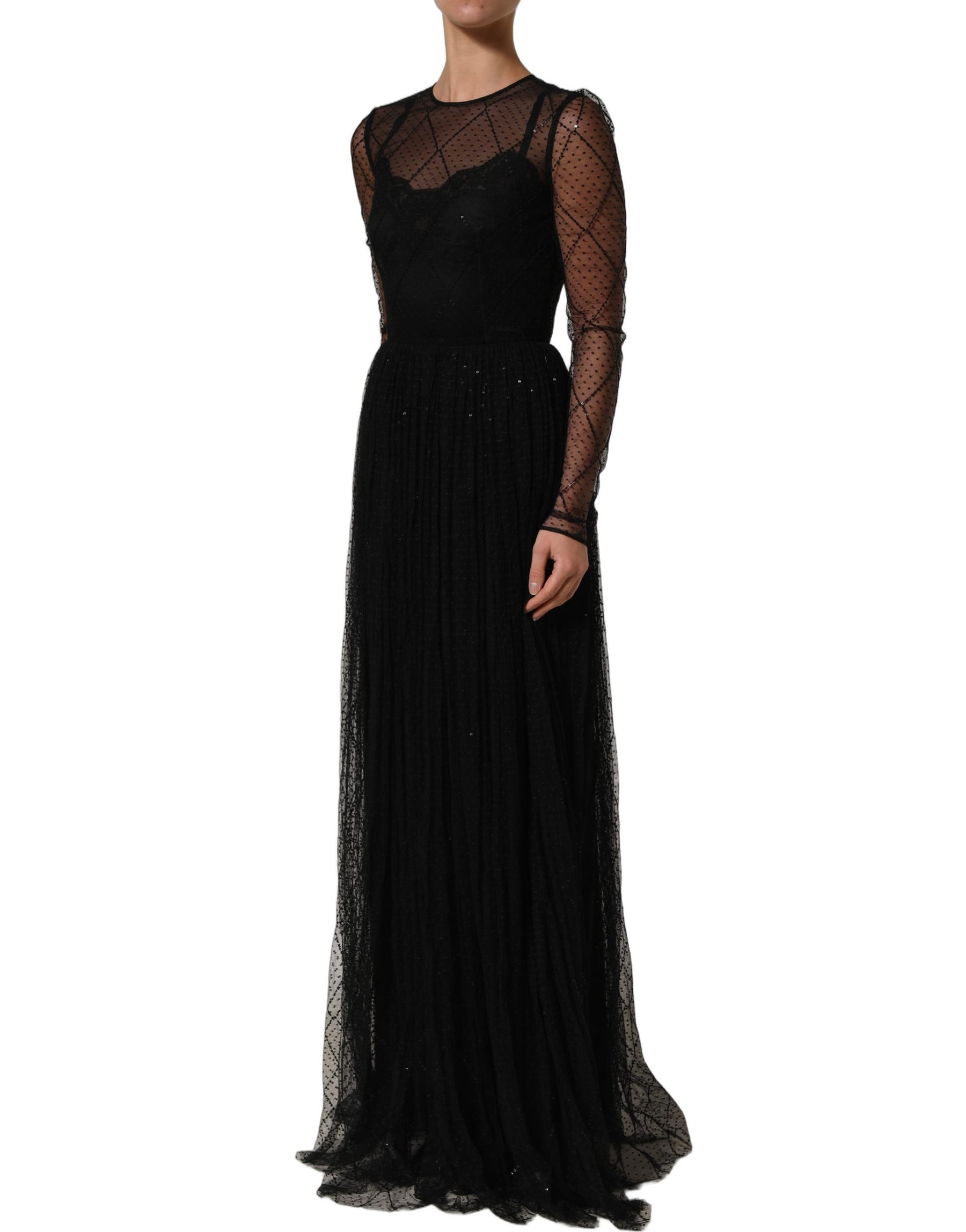 Dolce & Gabbana Black Mesh Lace Long Sleeved Maxi Gown Dress | Regal Royce