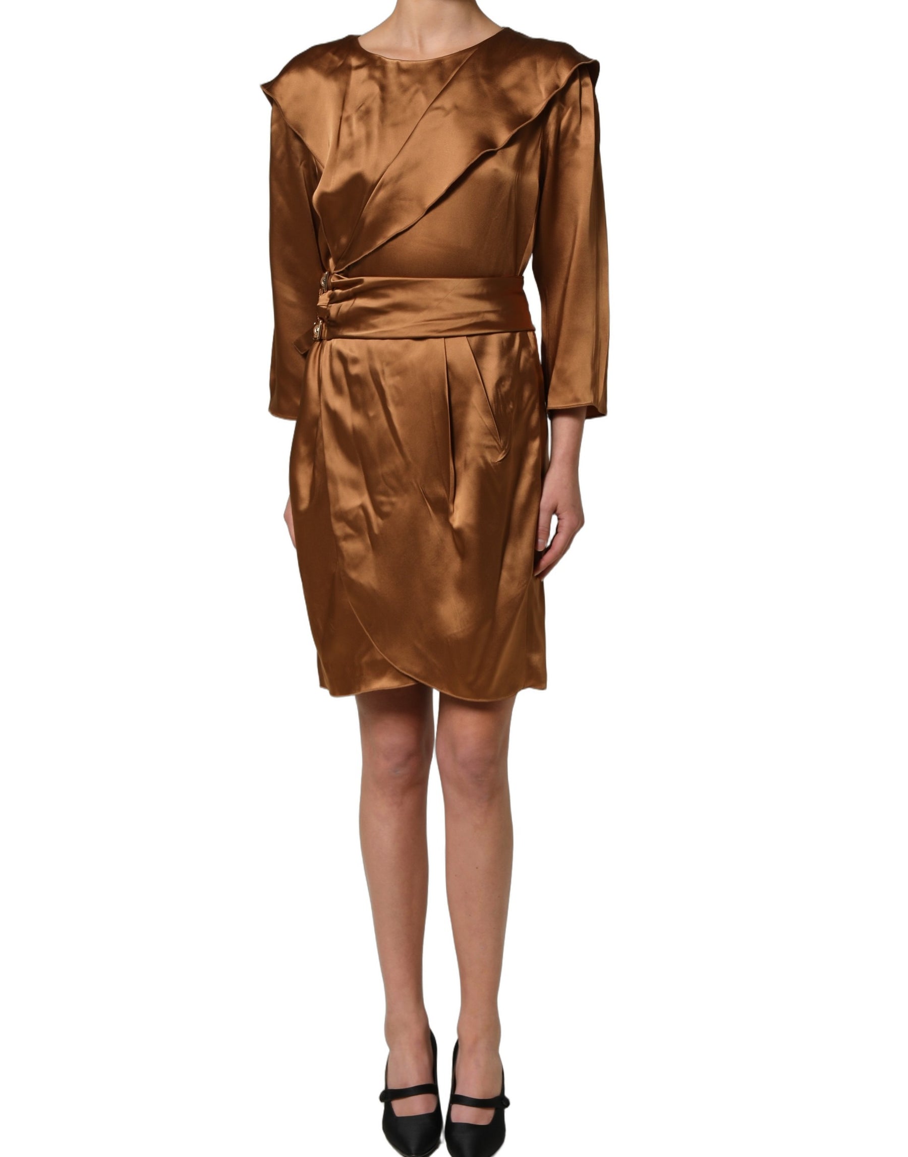 Emporio Armani Brown Satin Acetate Wrap Sheath Mini Belted Dress | Regal Royce