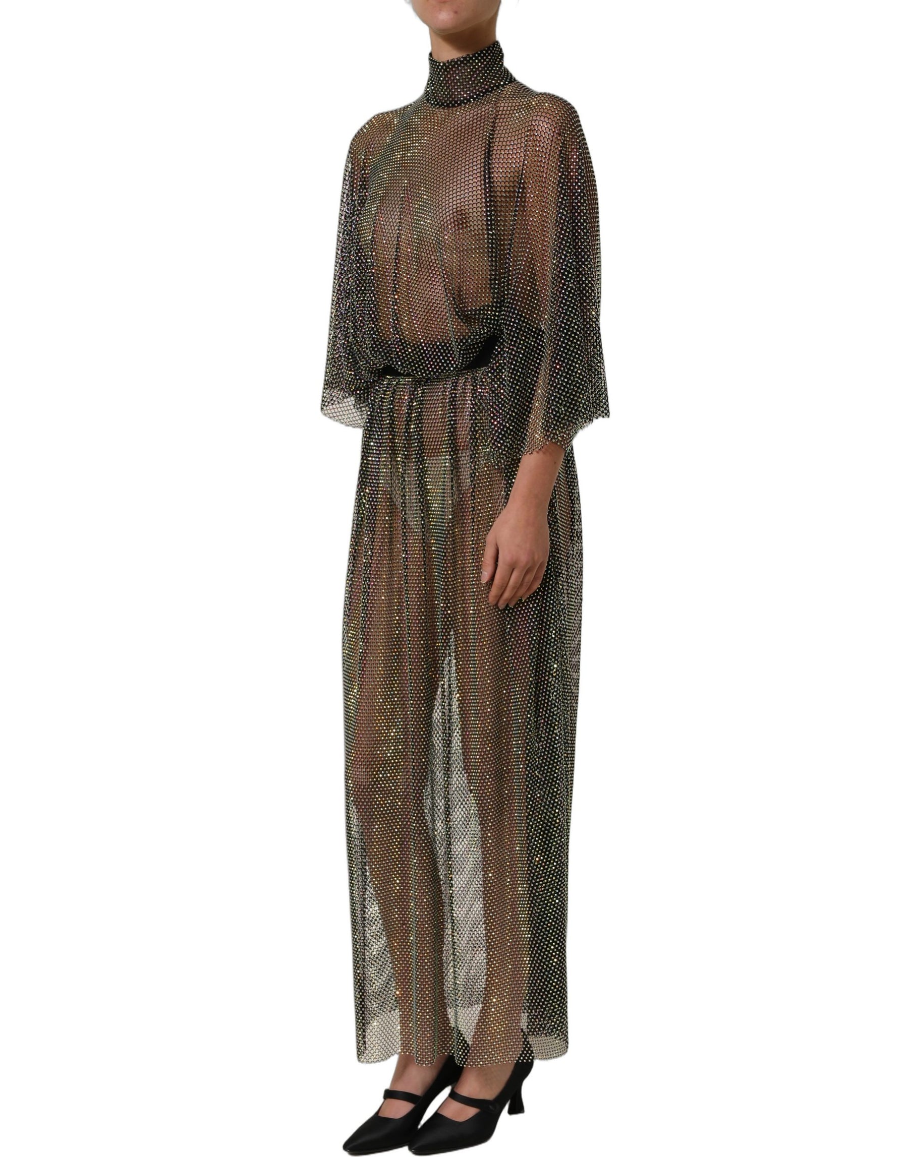 Dolce & Gabbana Black Rhinestone Mesh Turtleneck Maxi Dress | Regal Royce