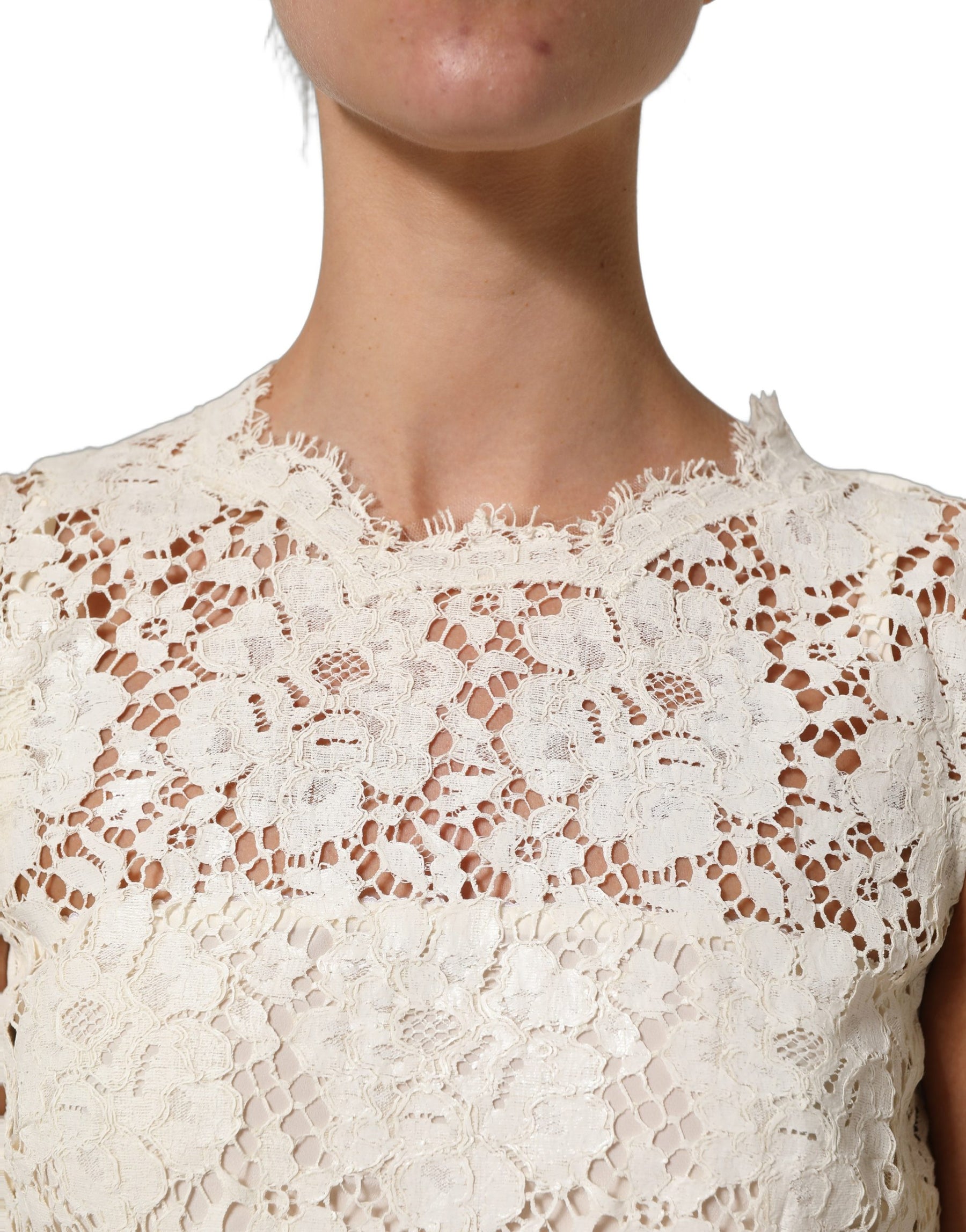 Dolce & Gabbana White Cotton Corded Lace Sleeveless Midi Dress | Regal Royce