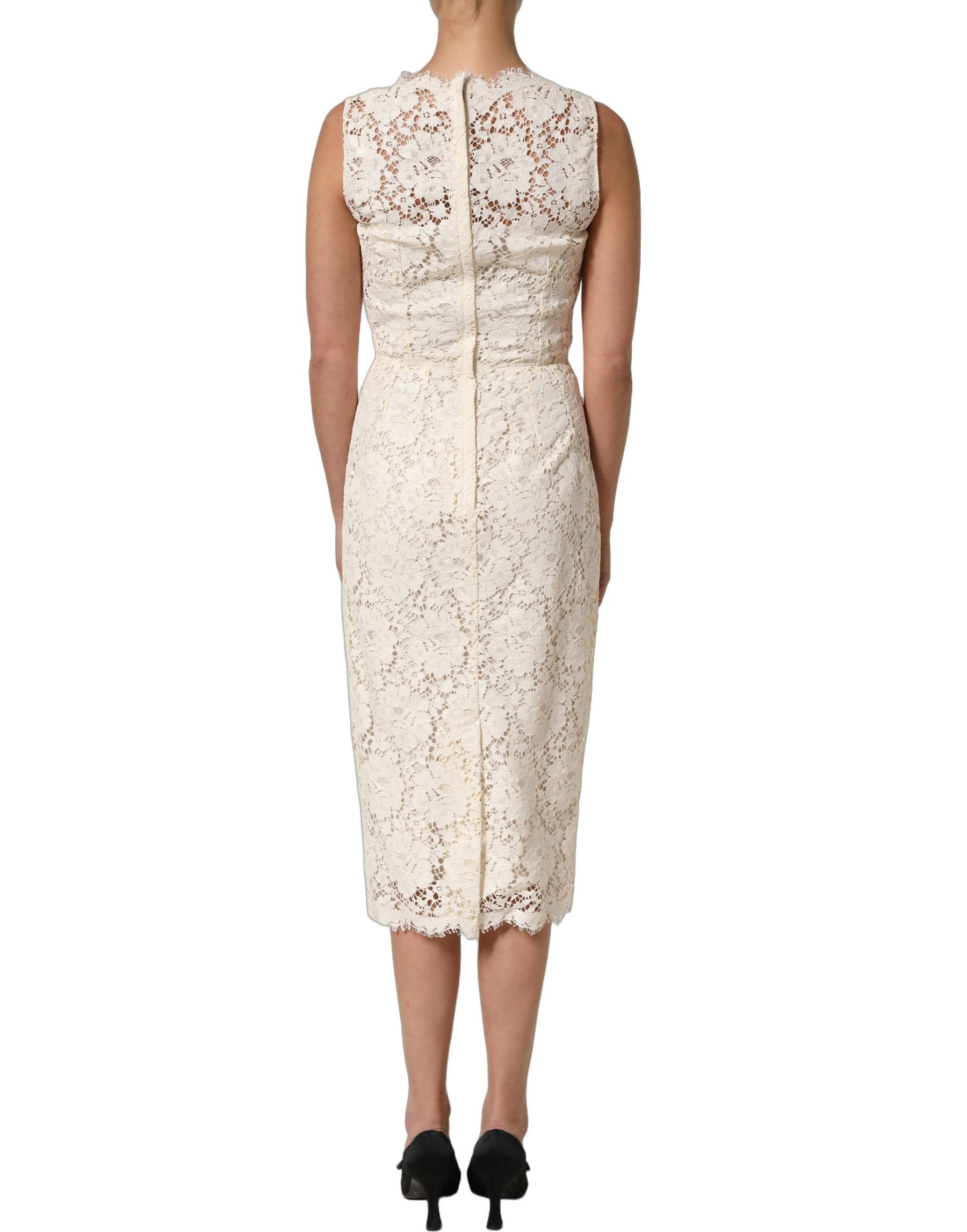 Dolce & Gabbana White Cotton Corded Lace Sleeveless Midi Dress | Regal Royce
