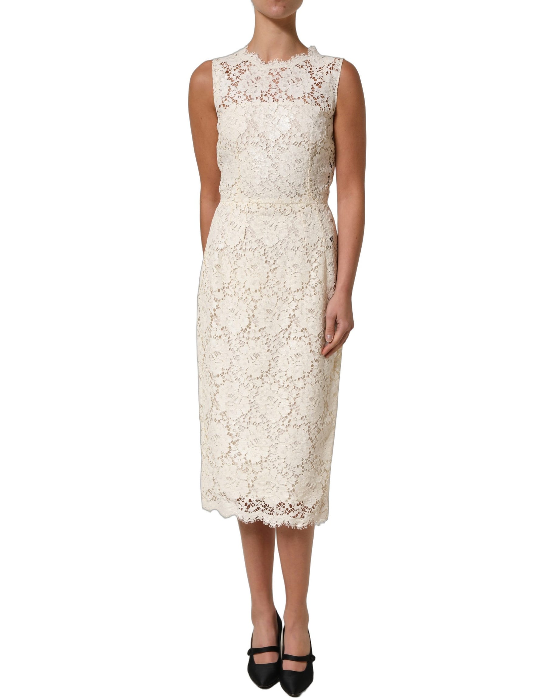 Dolce & Gabbana White Cotton Corded Lace Sleeveless Midi Dress | Regal Royce