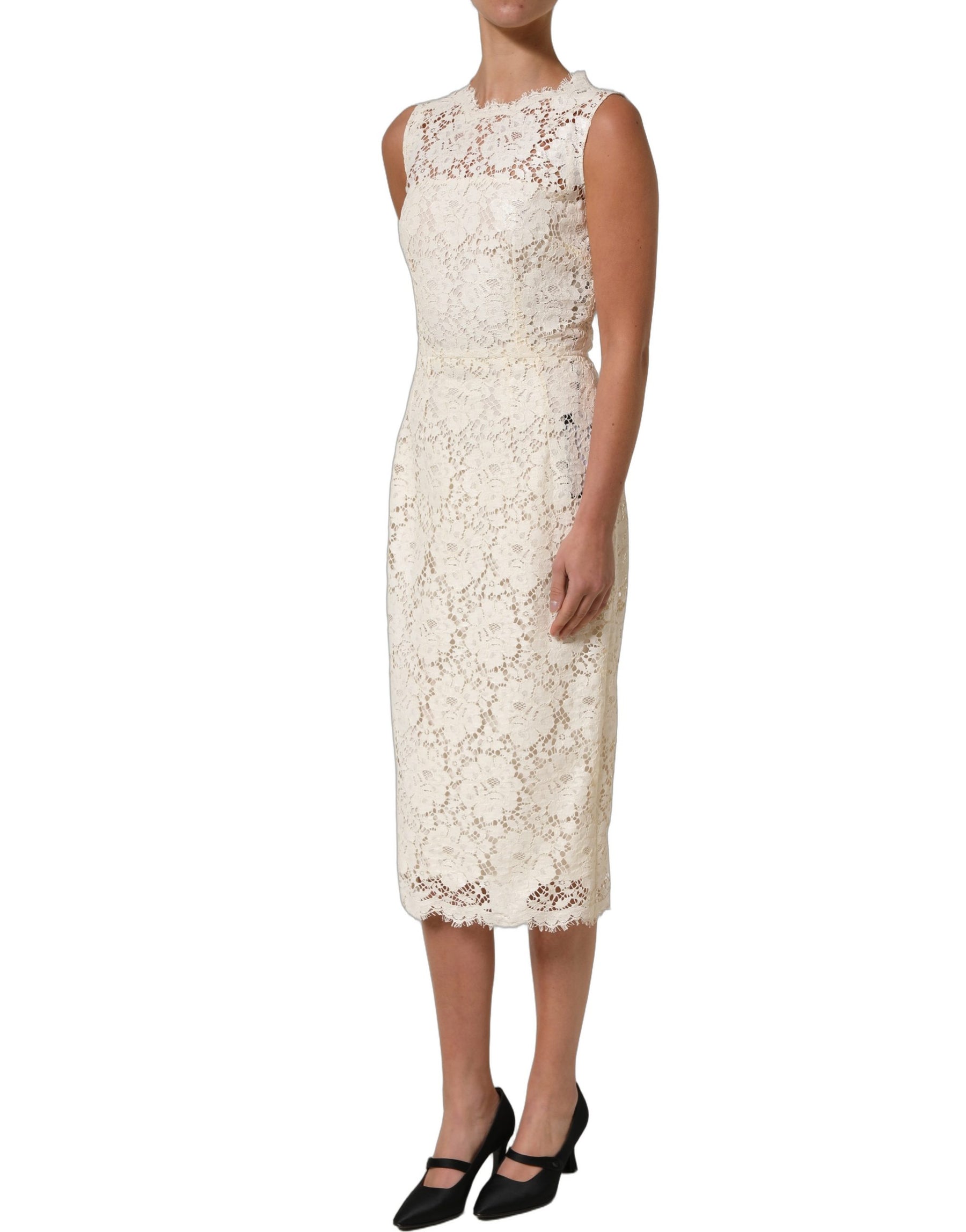 Dolce & Gabbana White Cotton Corded Lace Sleeveless Midi Dress | Regal Royce