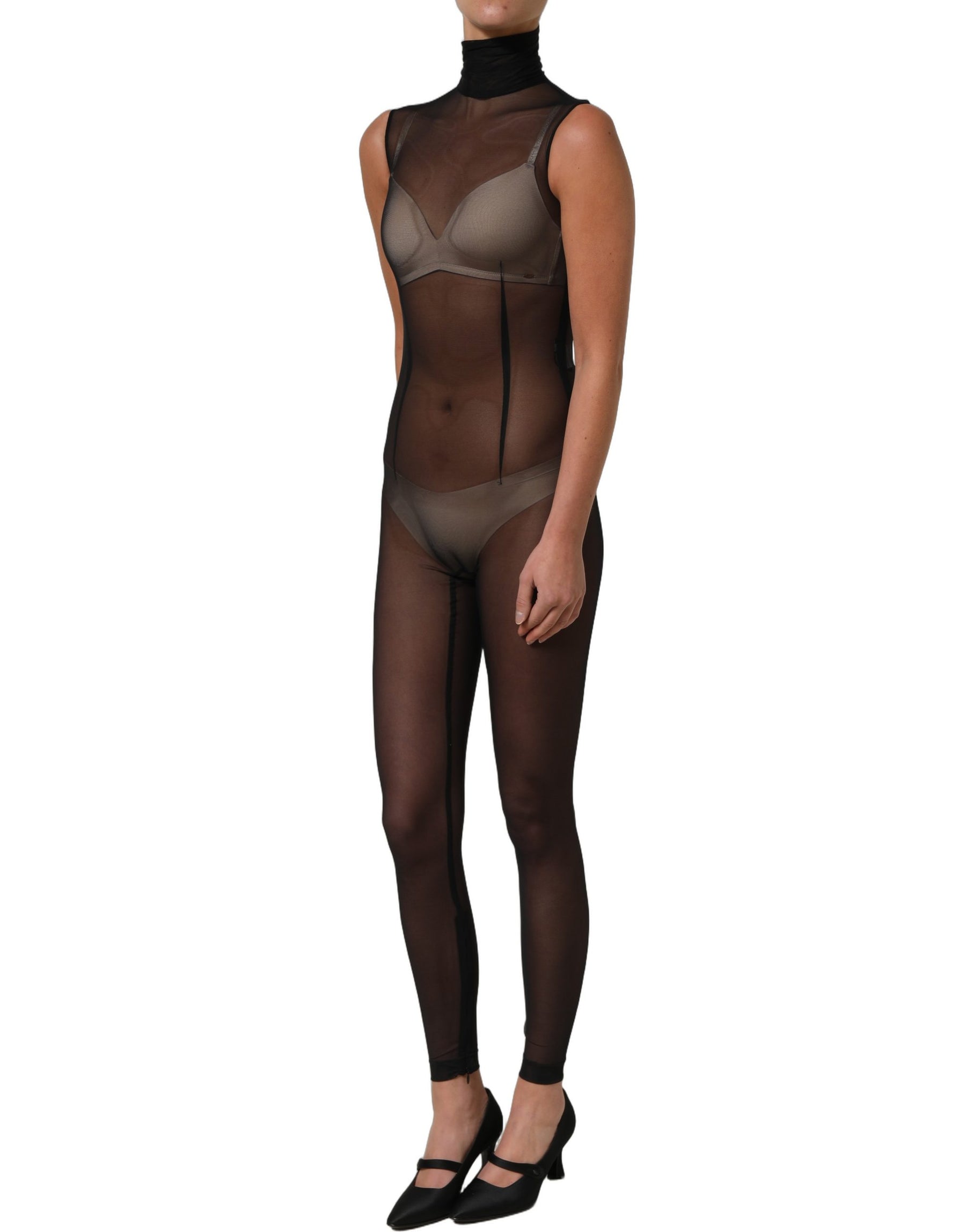 Dolce & Gabbana Black Sheer Mesh Jumpsuit Turtleneck Dress | Regal Royce