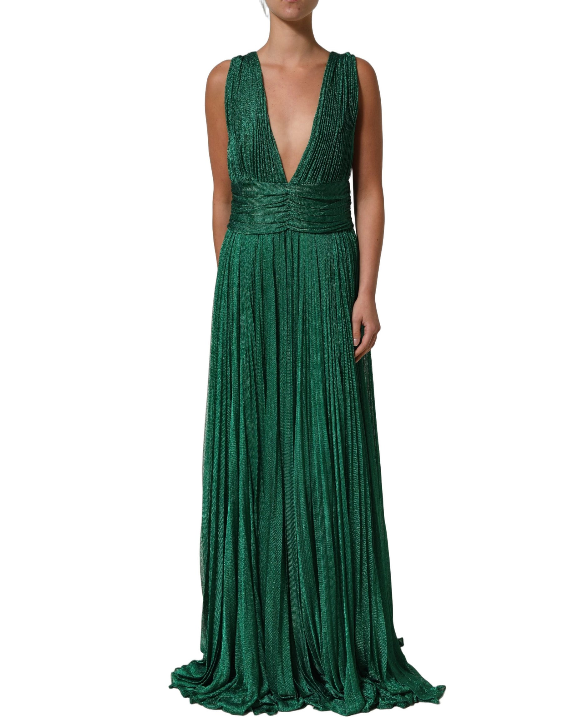 Dolce & Gabbana Metallic Green Sleeveless Plissé Gown Dress | Regal Royce