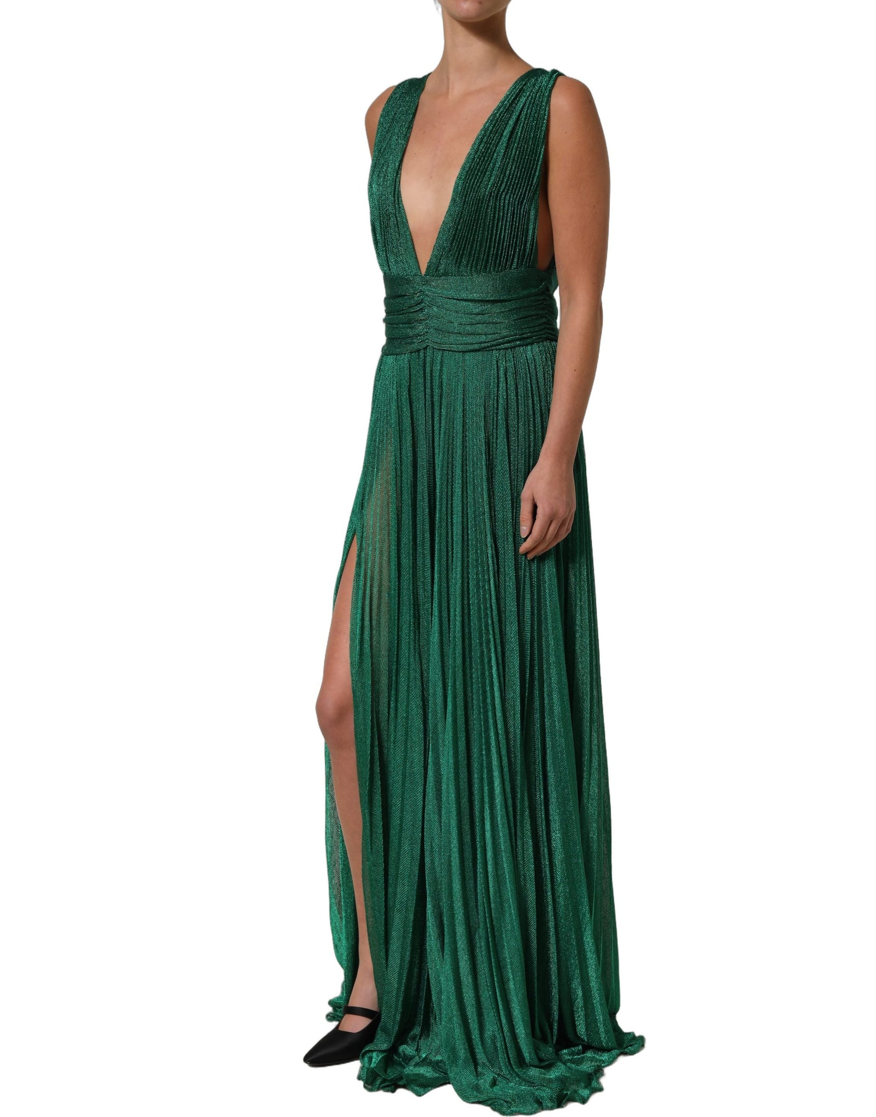 Dolce & Gabbana Metallic Green Sleeveless Plissé Gown Dress | Regal Royce