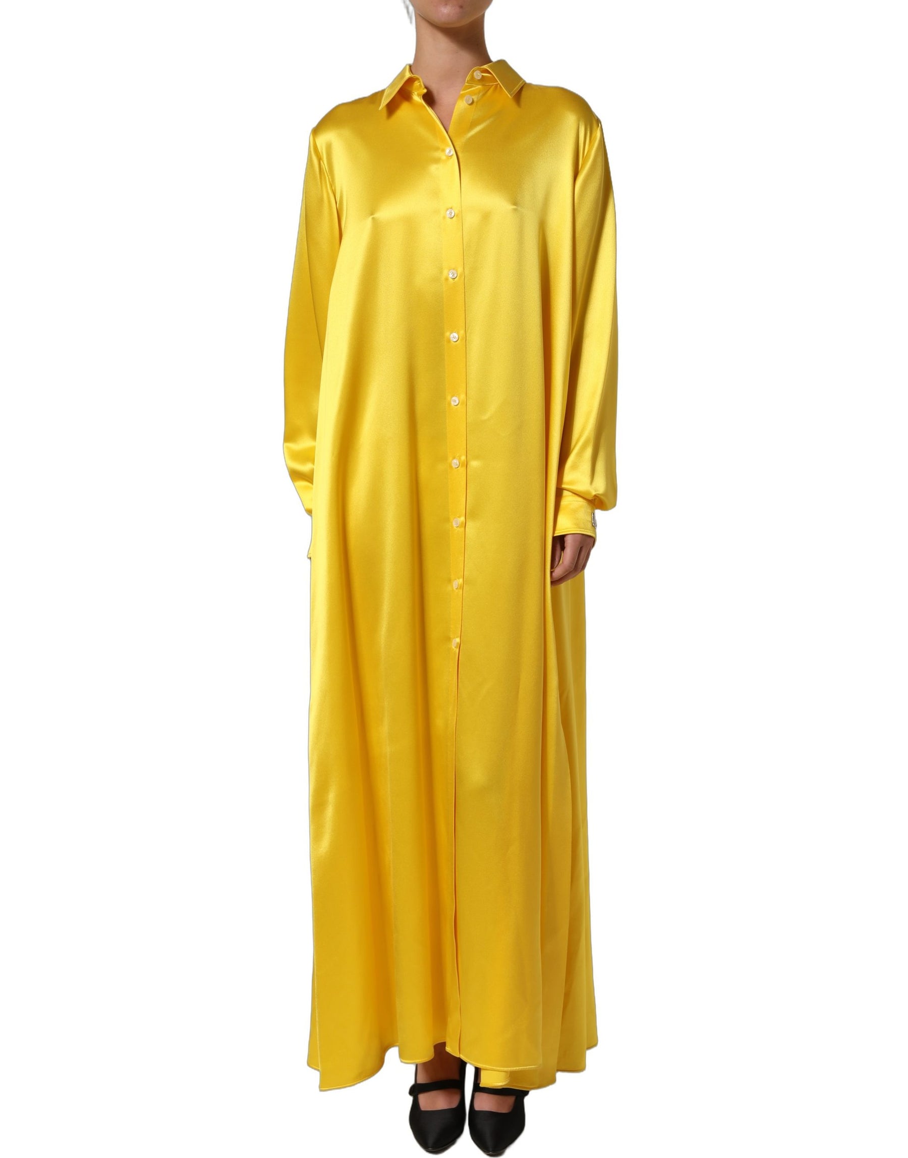 Dolce & Gabbana Yellow Silk Collared Button Down Maxi Dress | Regal Royce