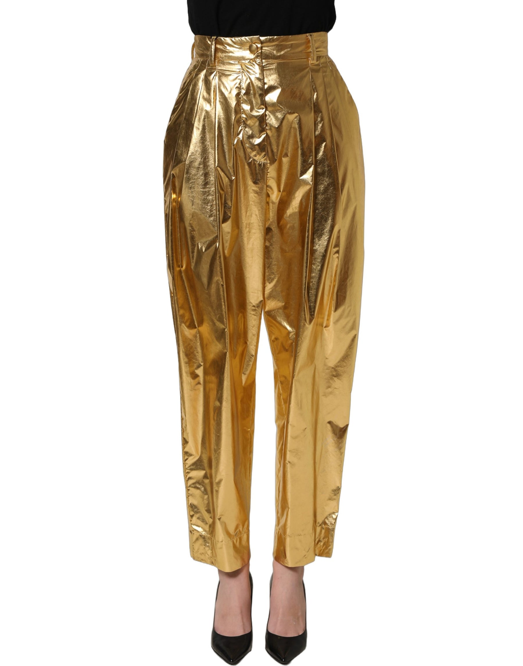 Dolce & Gabbana Metallic Gold High Waist Pleated Tapered Pants | Regal Royce