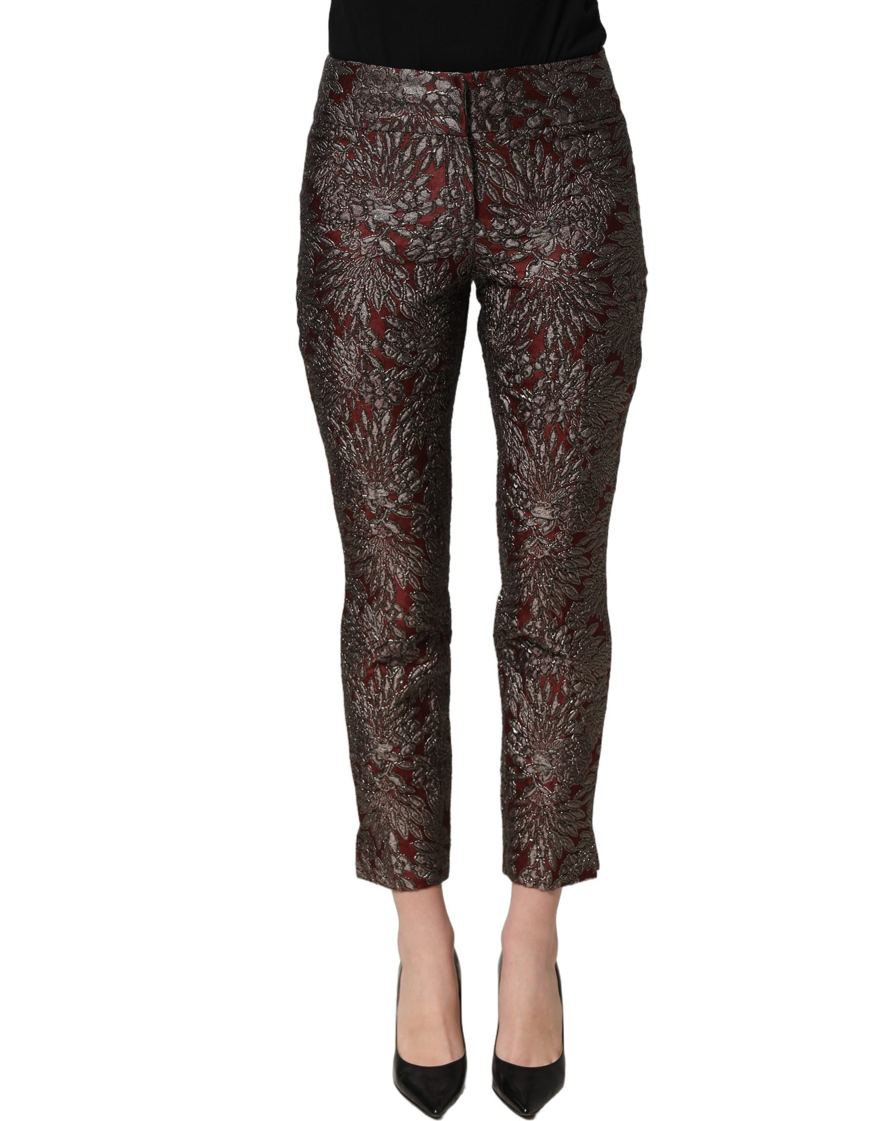 Dolce & Gabbana Burgundy Grey Floral Jacquard Straight Pants | Regal Royce