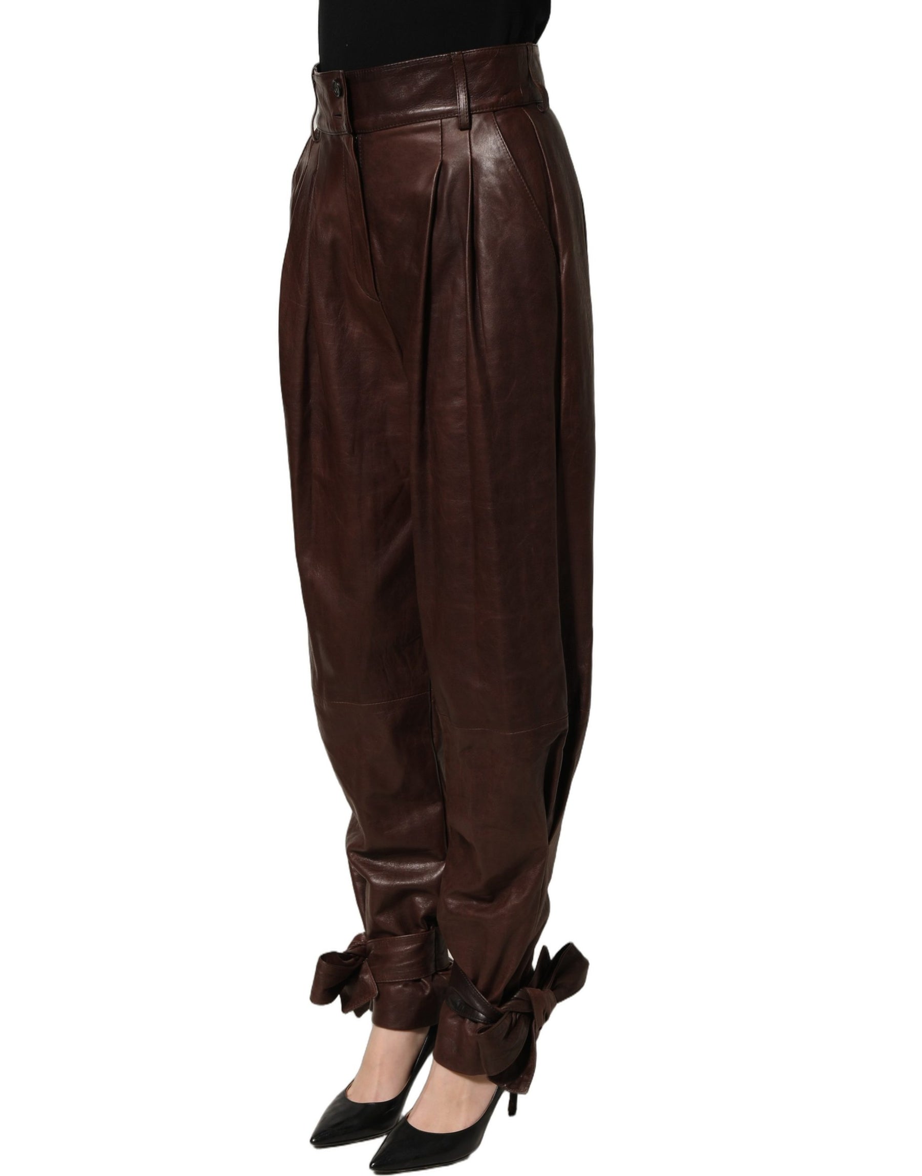 Dolce & Gabbana Brown Leather High Waist Tapered Leg Pants | Regal Royce
